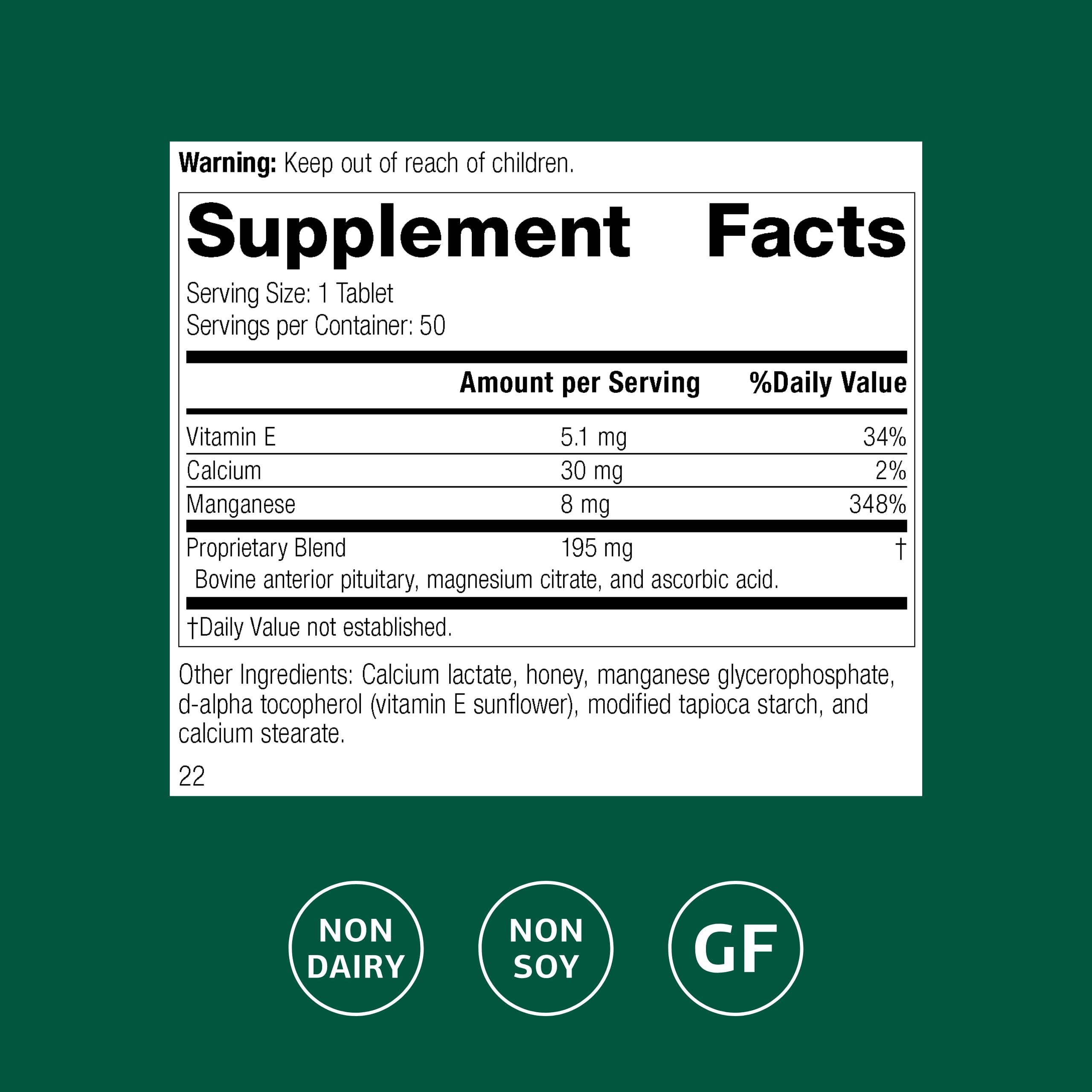 Close-up of E-Manganese bottle label showing manganese and vitamin E