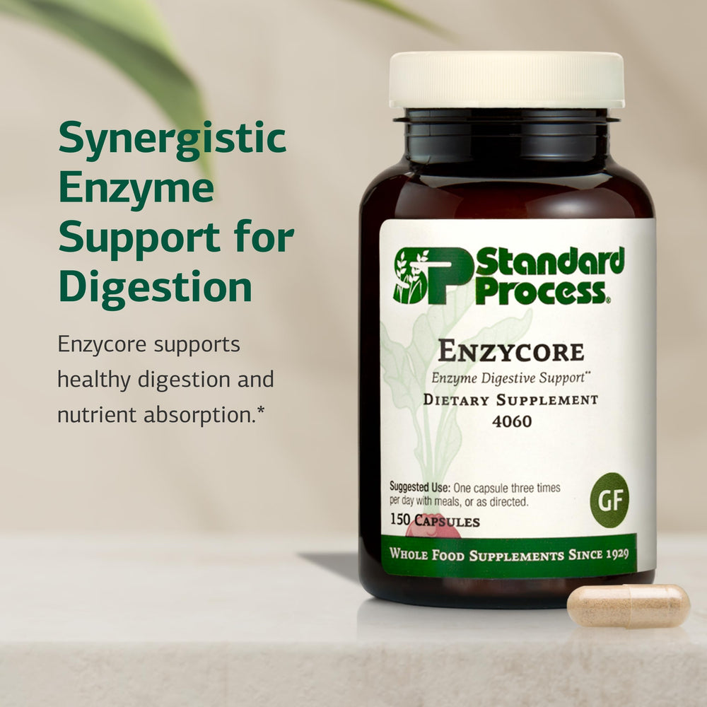 Enzycore capsules inside bottle close-up