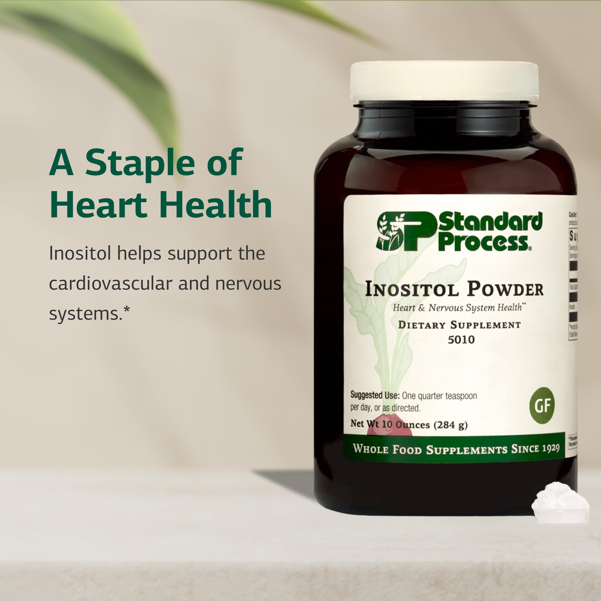 Standard Process Inositol Powder jar closeup highlighting gluten-free vegan claims.