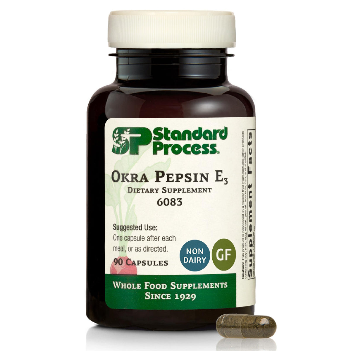 Standard Process Okra Pepsin E3 bottle on white background