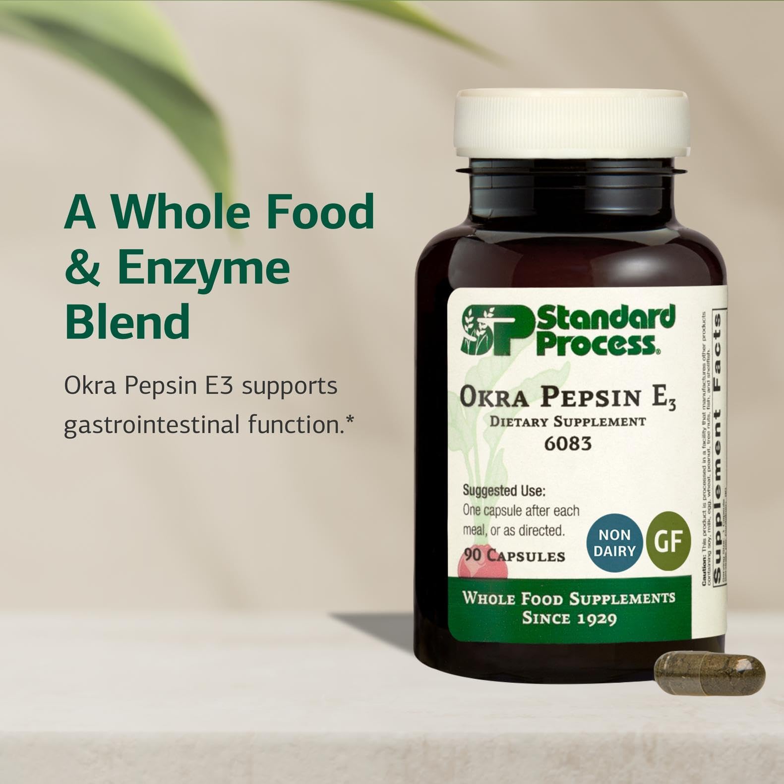 Okra Pepsin E3 ingredients concept image (okra powder, alginic acid, chlorophyll)
