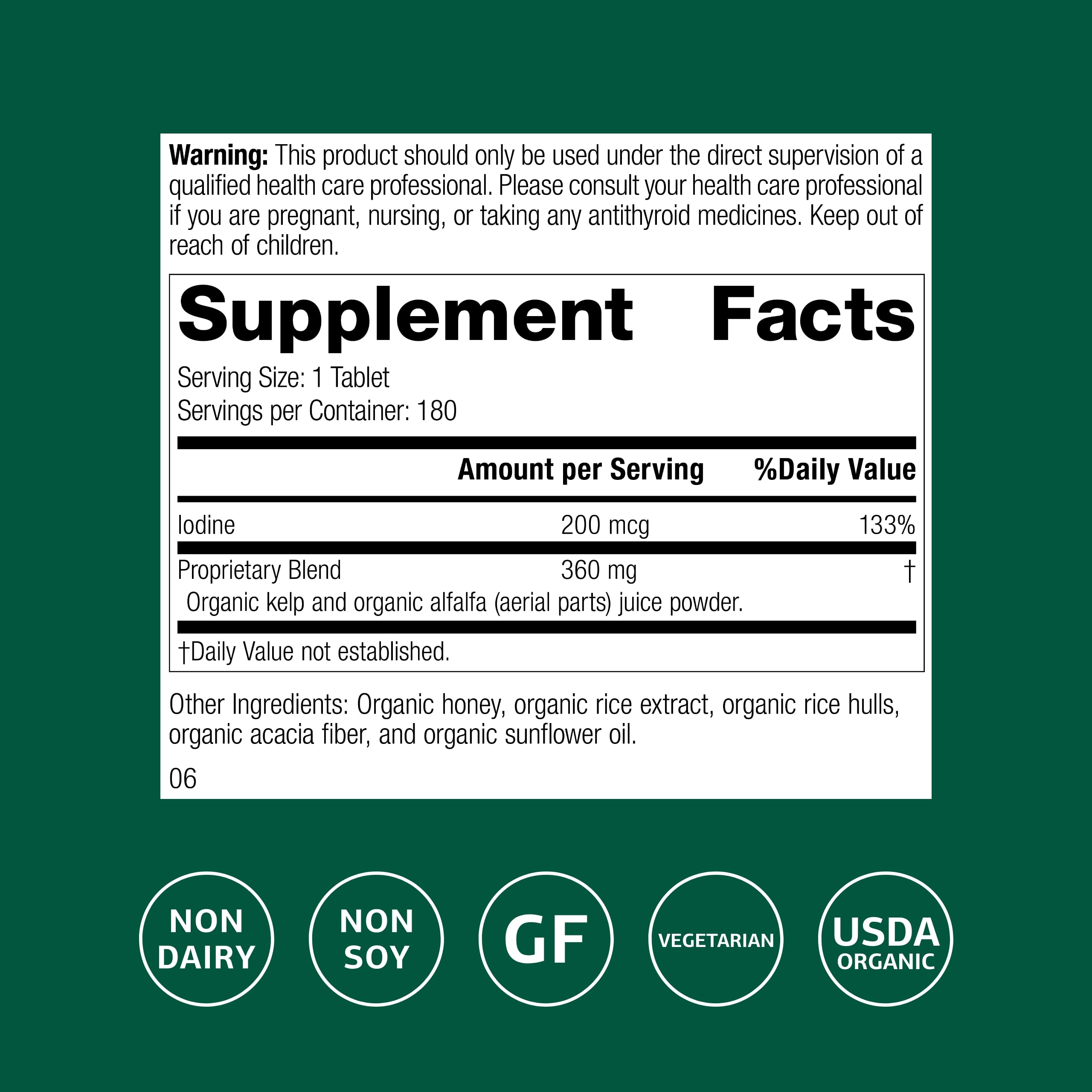 Iodine source from alfalfa and kelp label on minerals bottle