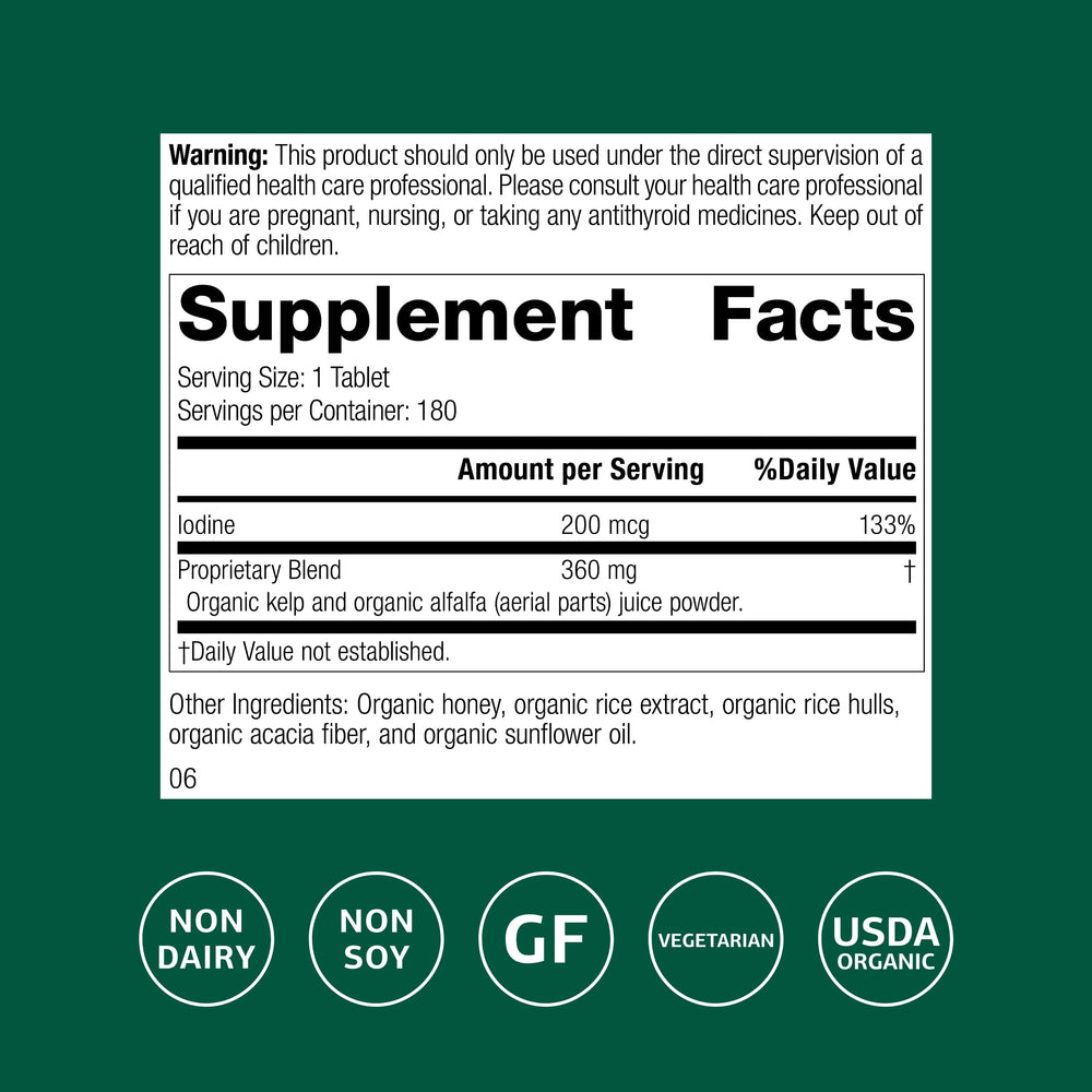 Iodine source from alfalfa and kelp label on minerals bottle