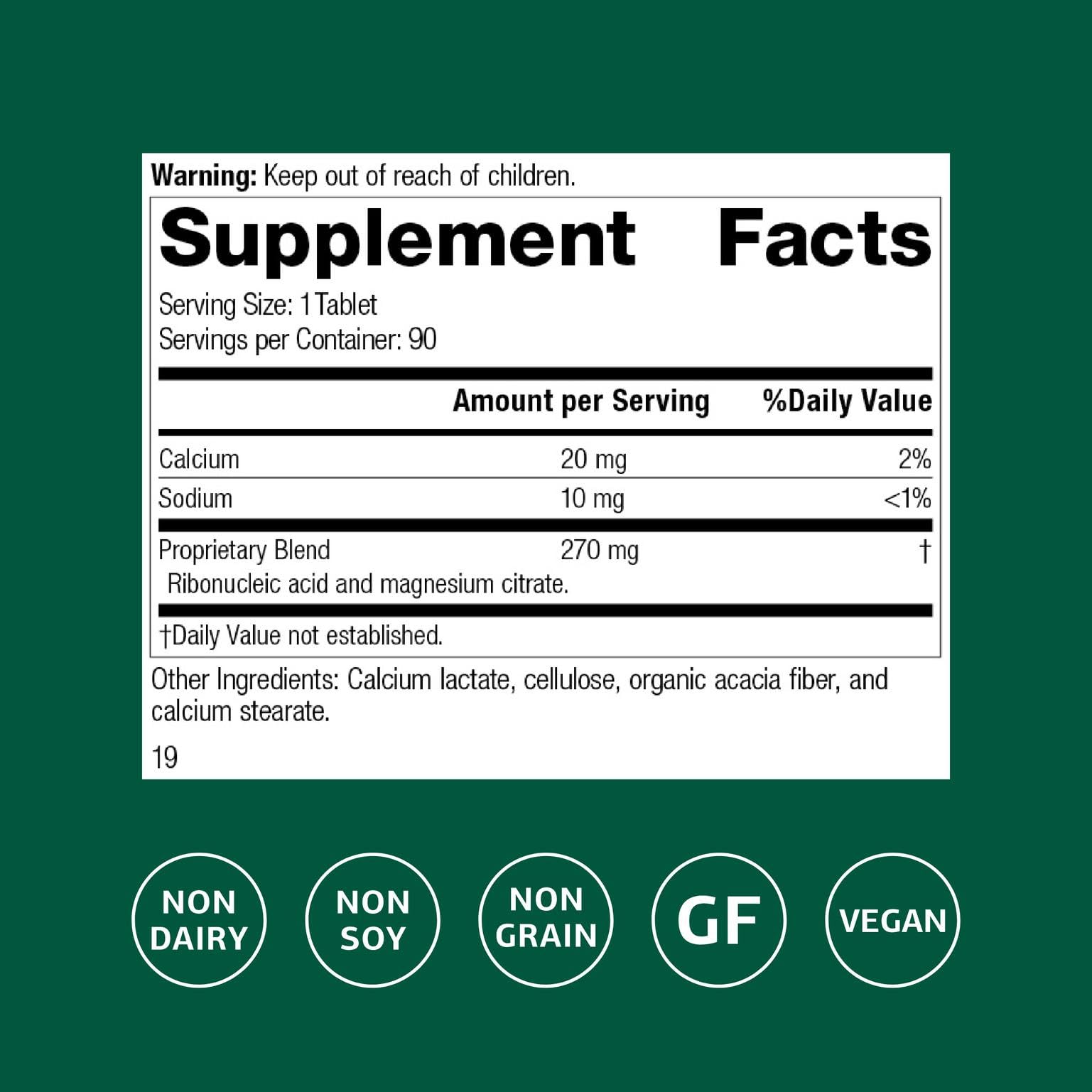 Standard Process RNA bottle with label highlights gluten-free, non-soy composition for diverse diets