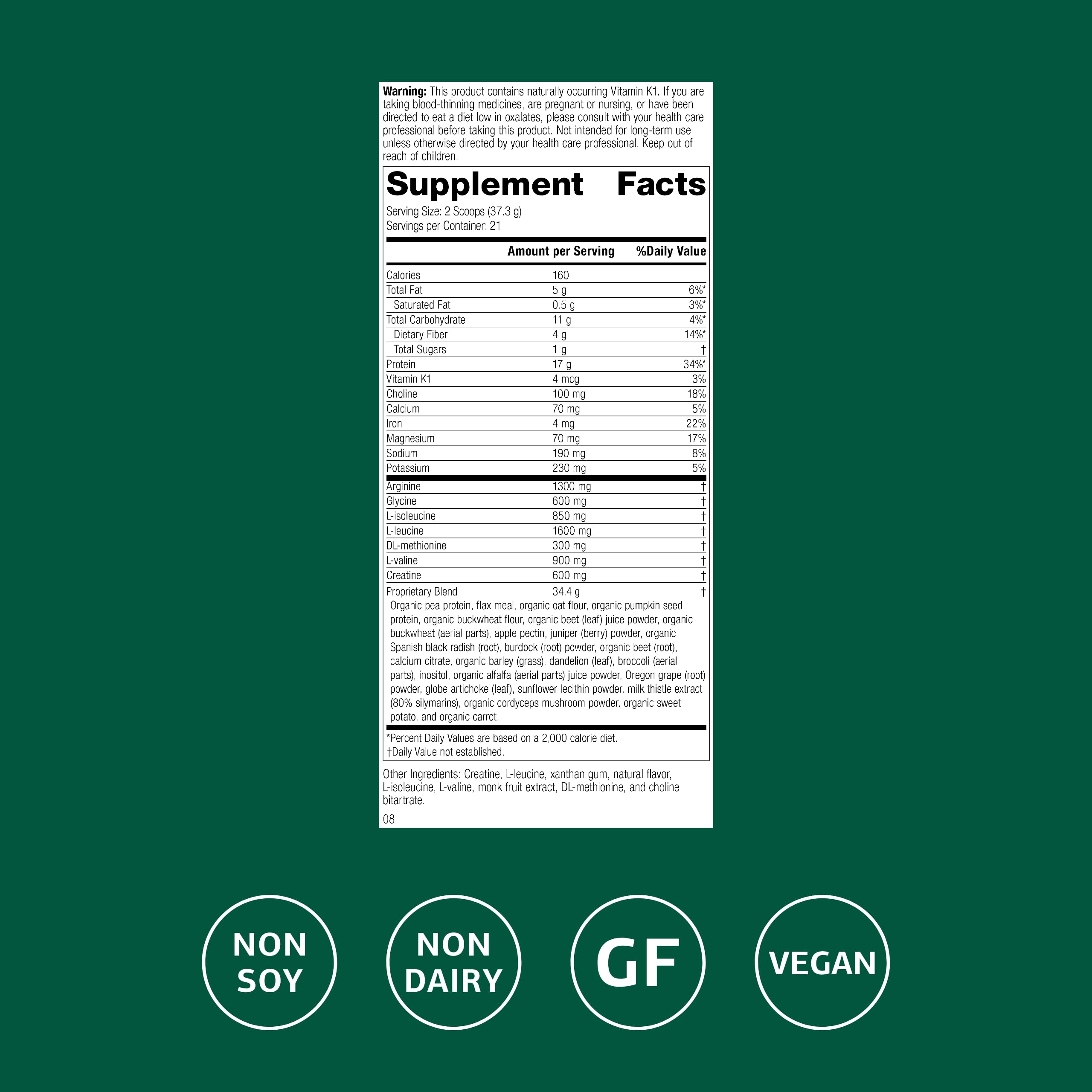 Standard Process SP Detox Balance Chai scoop-dispensing showing pea protein and fiber content.