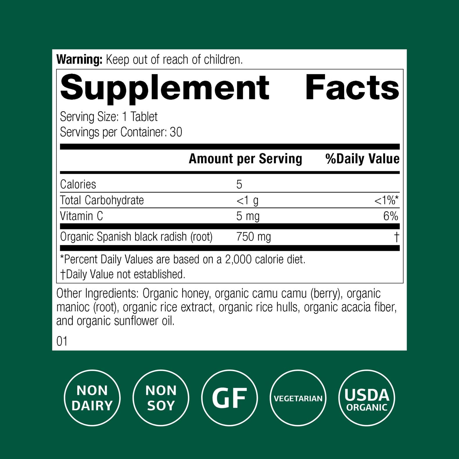 Standard Process Spanish Black Radish tablets shown for digestion and gallbladder care