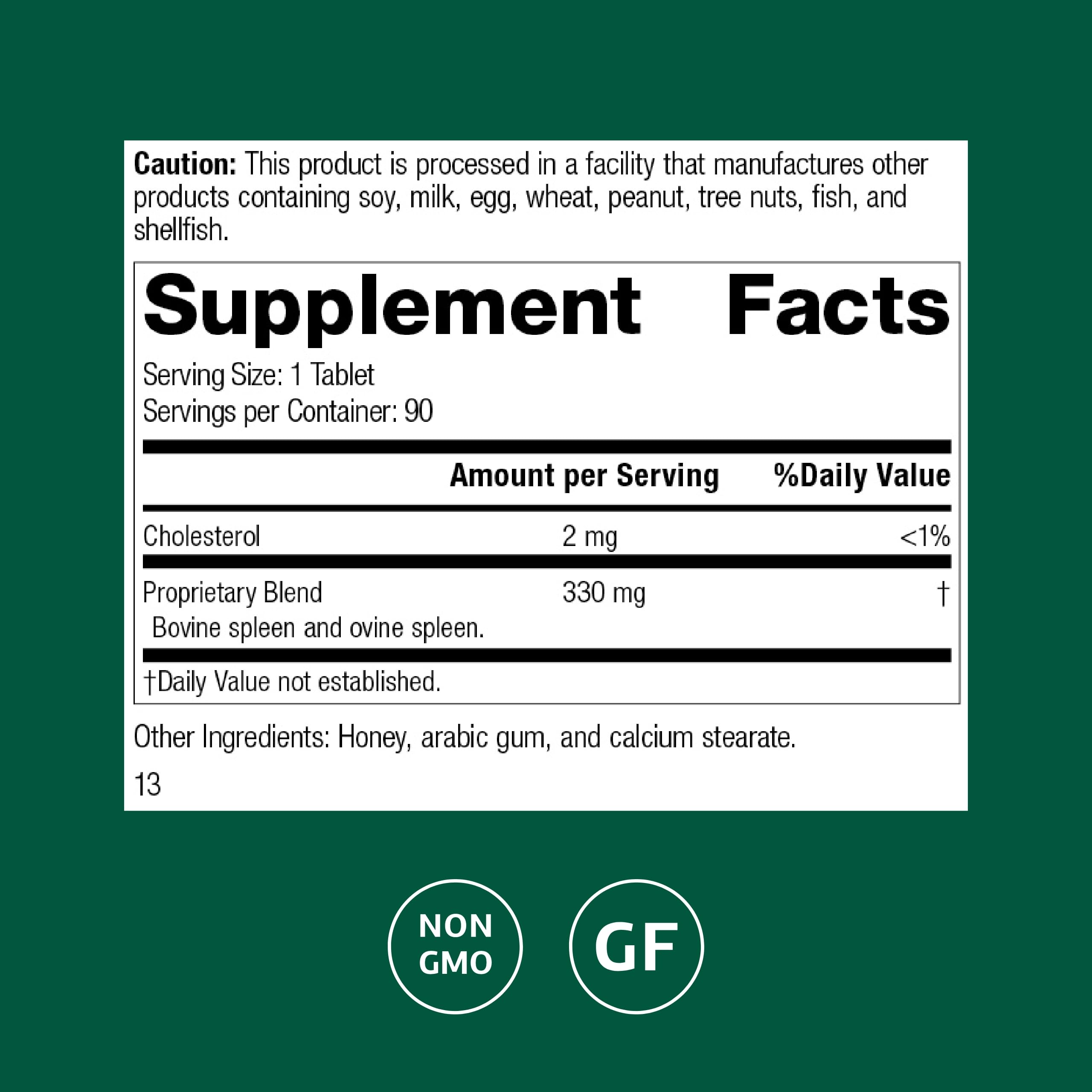 Back label of Standard Process Spleen Desiccated bottle