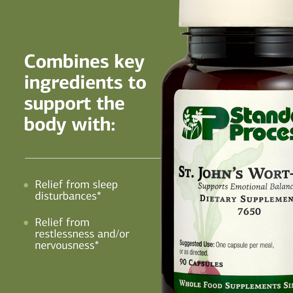 Standard Process St. John's Wort-IMT glass of water beside capsules for routine use