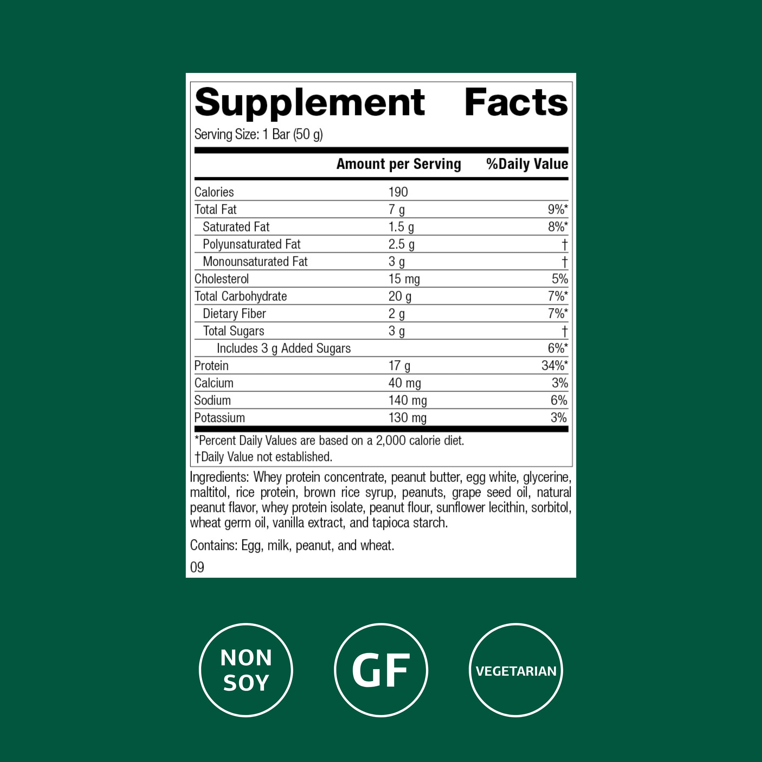 Standard Process StandardBar Peanut Butter bar closeup emphasizes protein and clean ingredients for energy.