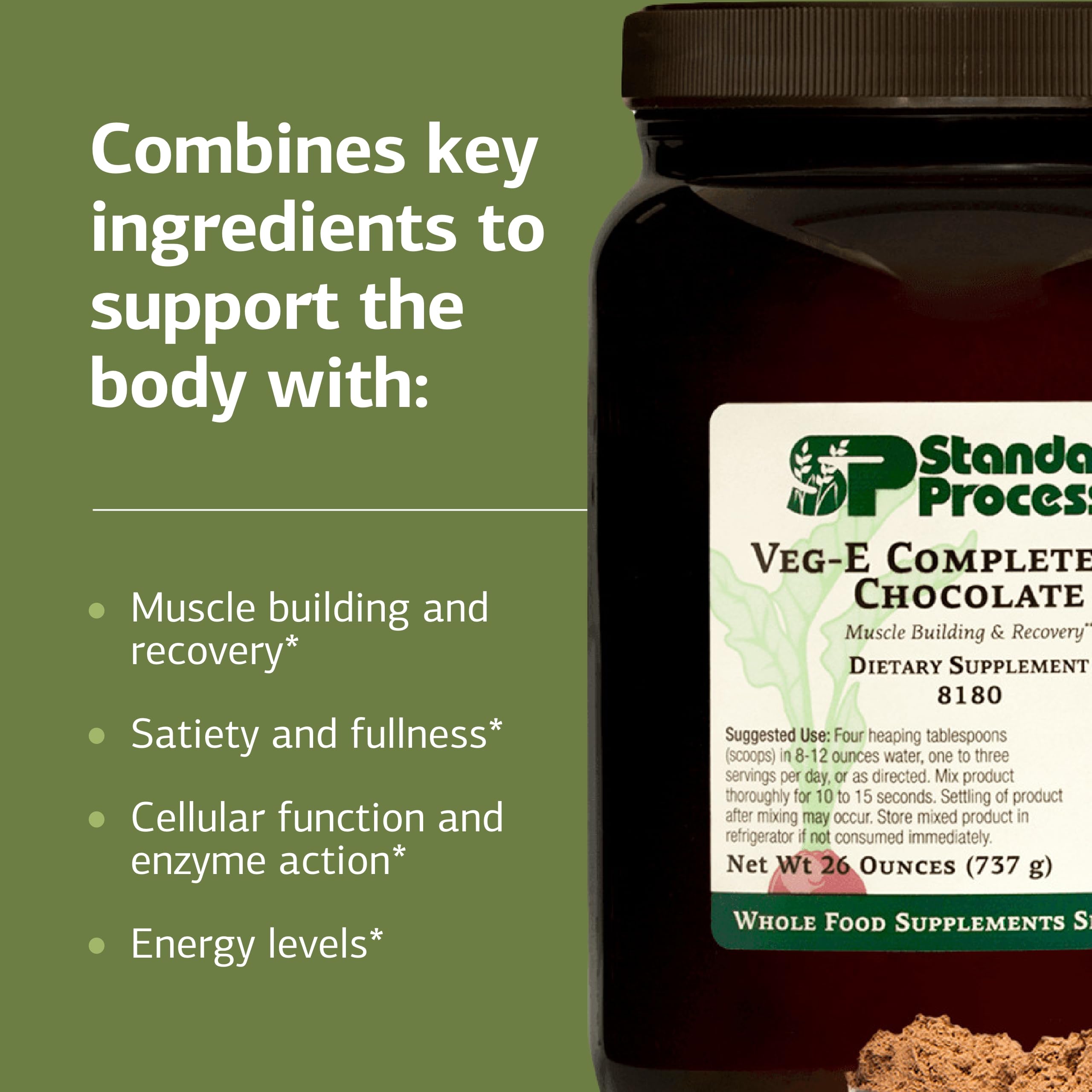 Standard Process Veg-E Complete Pro chocolate bottle label highlights vegan, gluten-free, and non-dairy features.