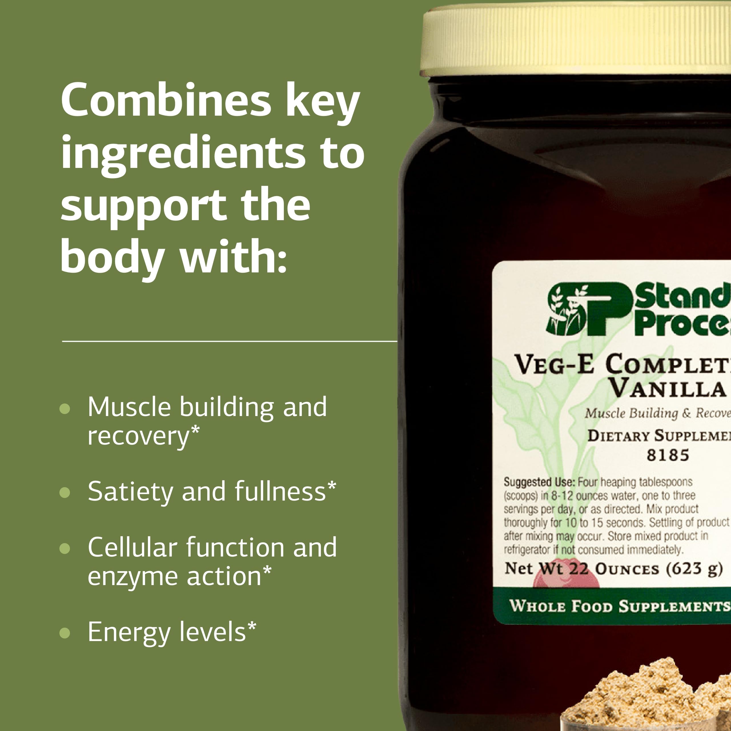 Standard Process Veg-E Complete Pro vanilla ingredient panel showing organic protein sources