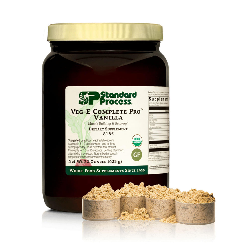 Standard Process Veg-E Complete Pro vanilla tub front, plant-based protein for daily recovery