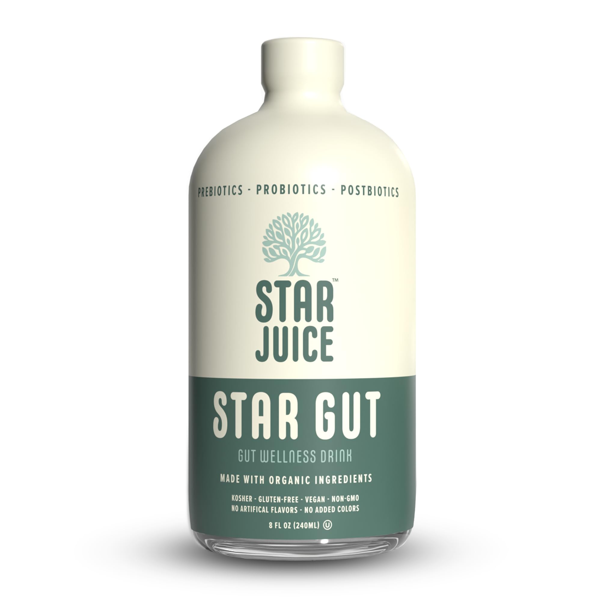 Front view of Star Juice natural gut health drink bottle on white background