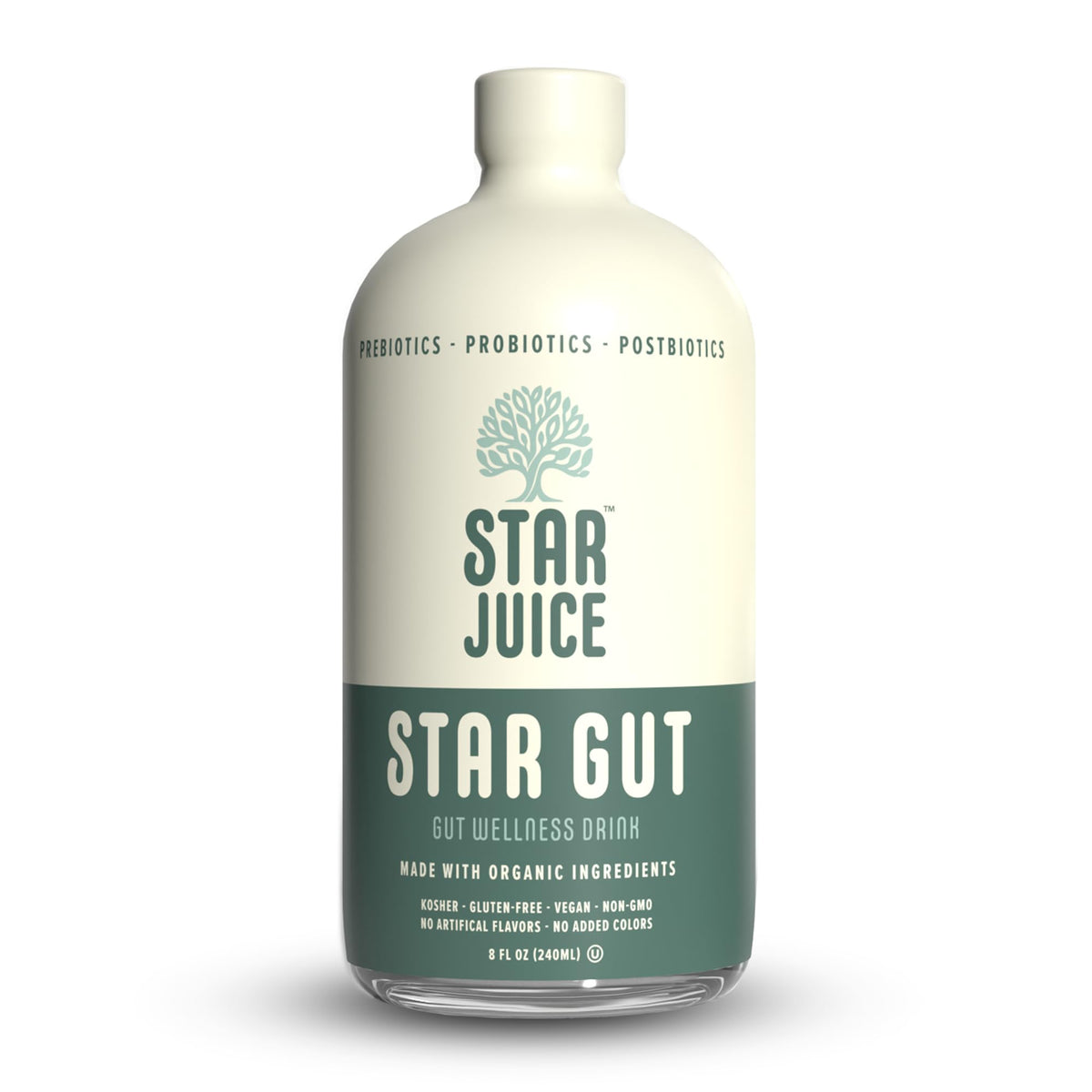 Front view of Star Juice natural gut health drink bottle on white background