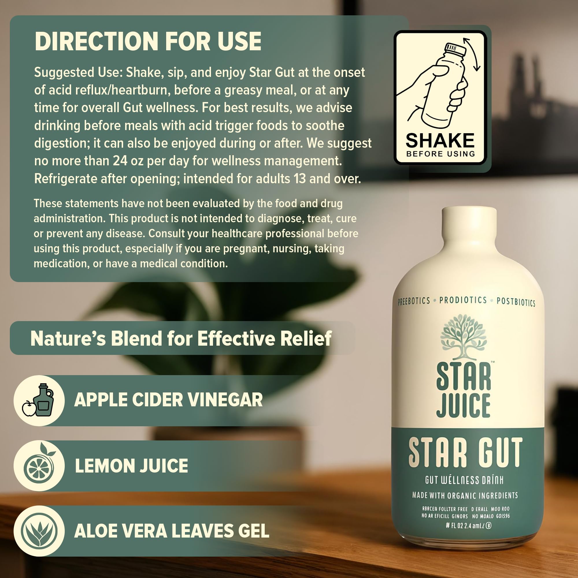 Star Juice bottle label showing vegan, gluten-free and kosher icons