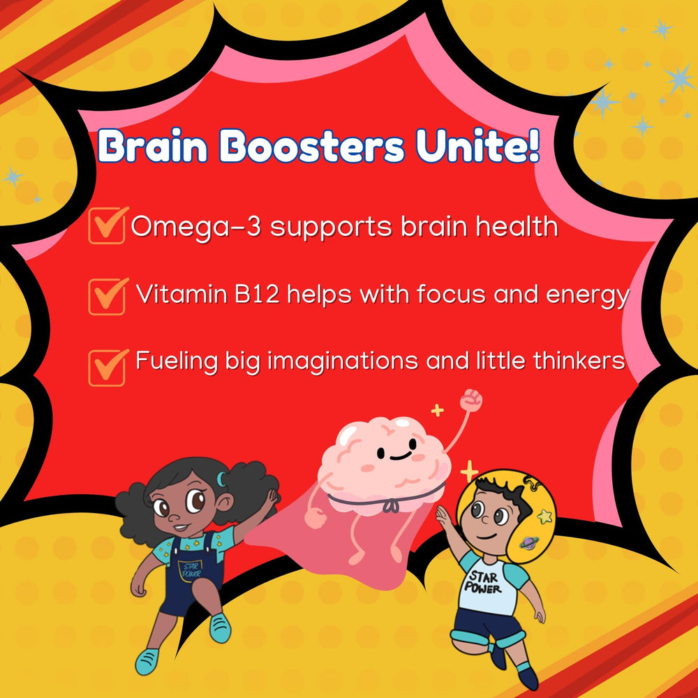 Icons of vitamins A, B, C, D with plant-based Omega-3 label