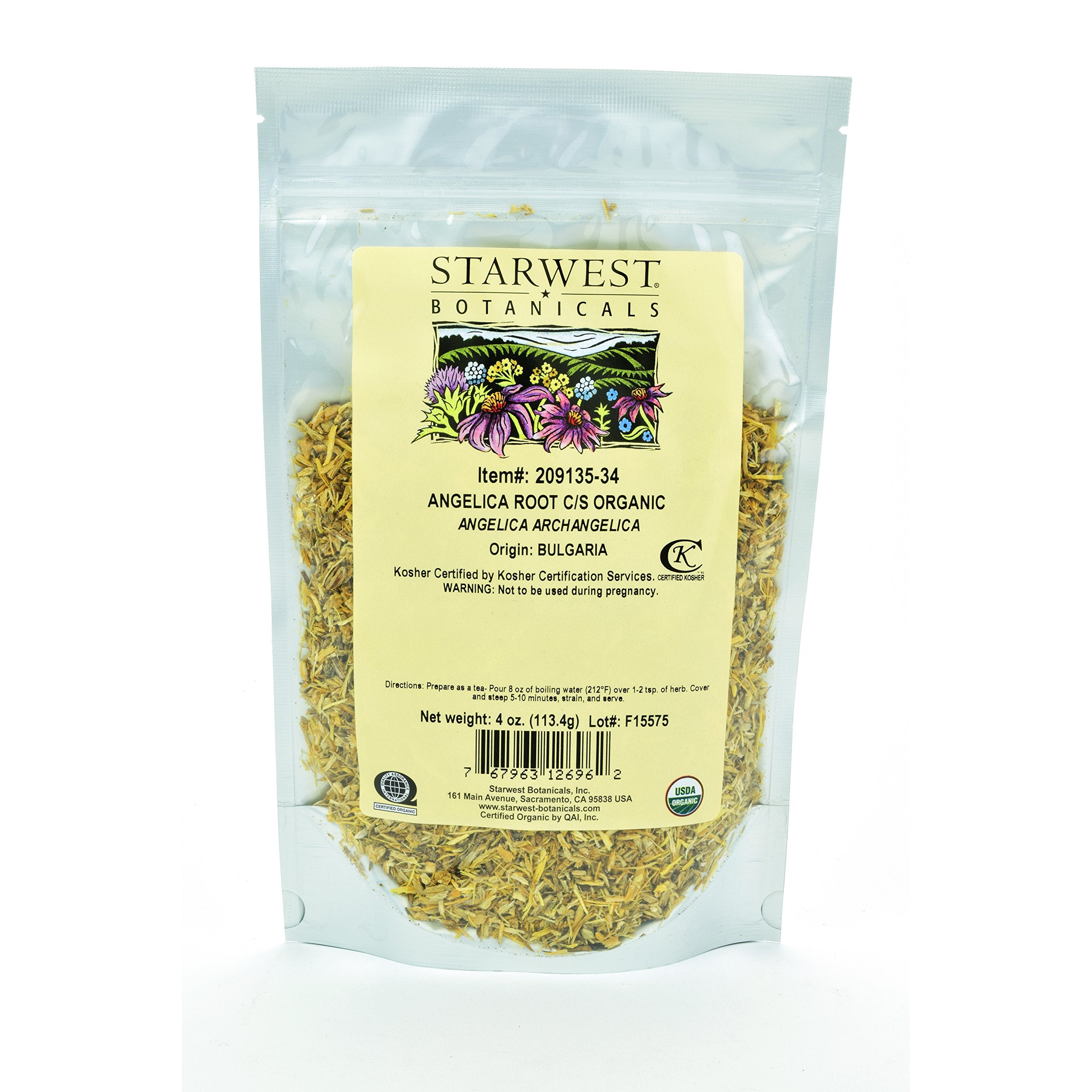 Starwest Botanicals Organic Angelica Root C/S - 4 oz, front view in resealable mylar bag