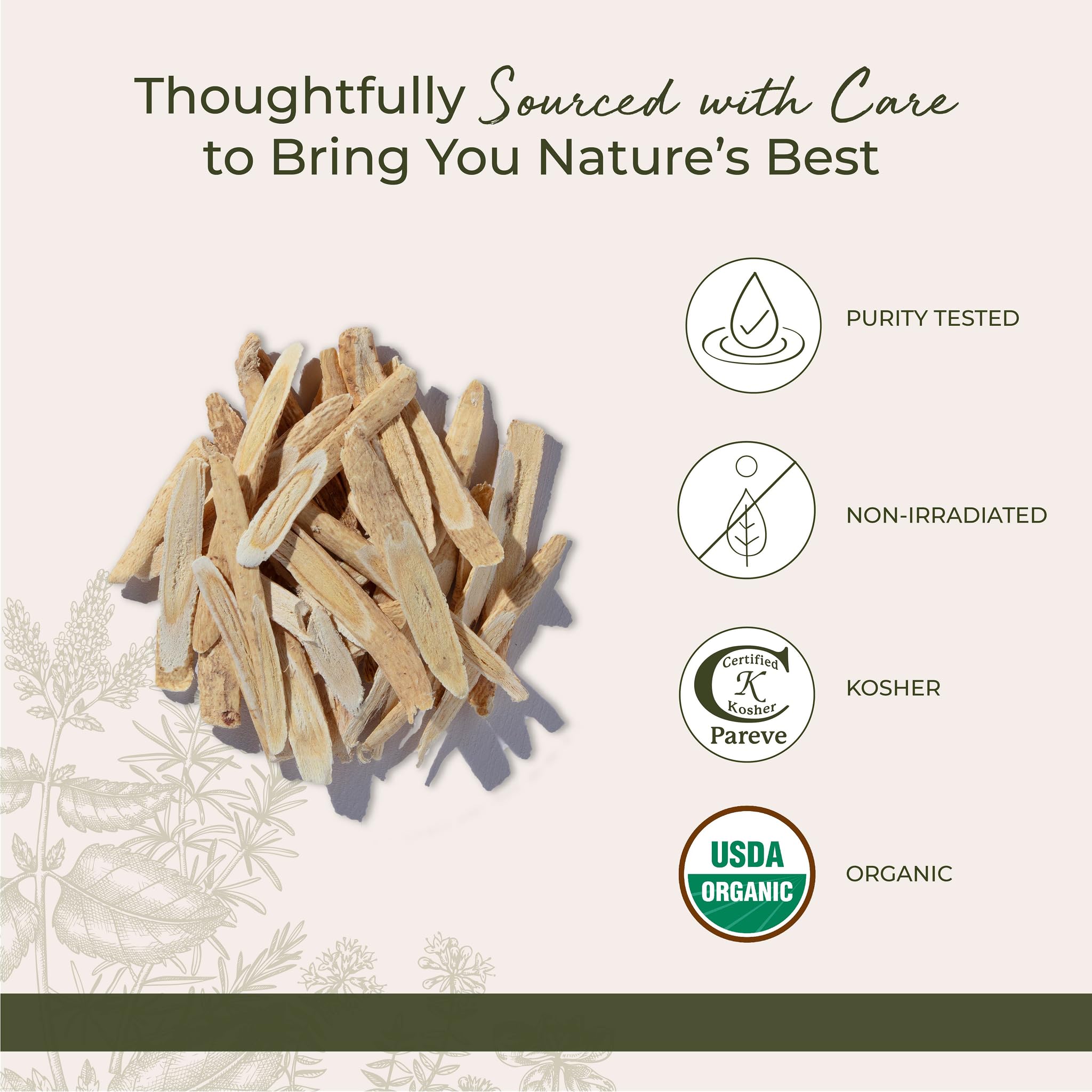 Organic and Kosher certification label on astragalus root packaging