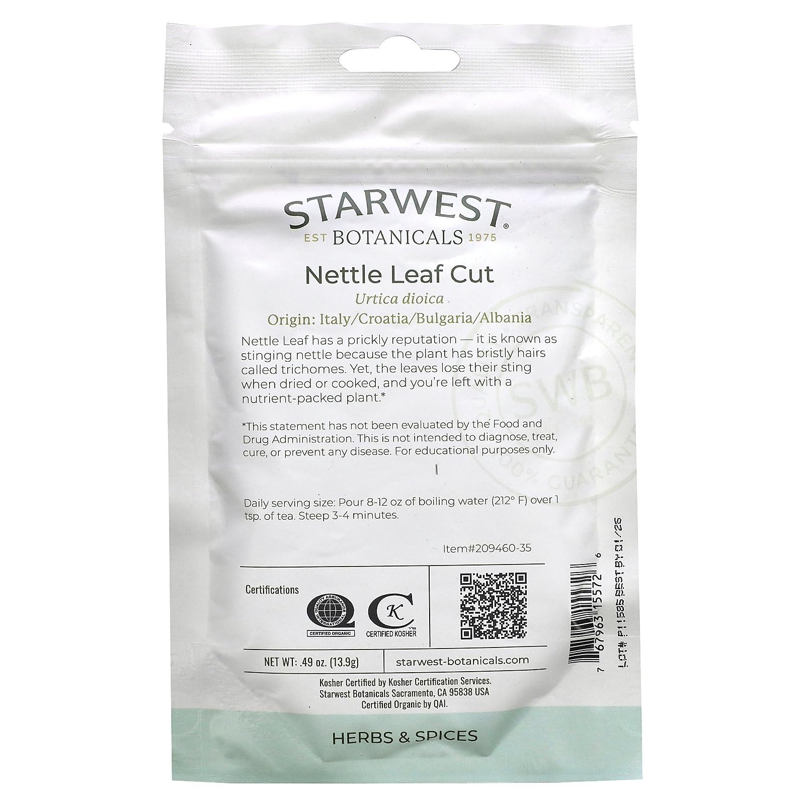 Close-up of dried nettle leaf cut, organic and kosher certified