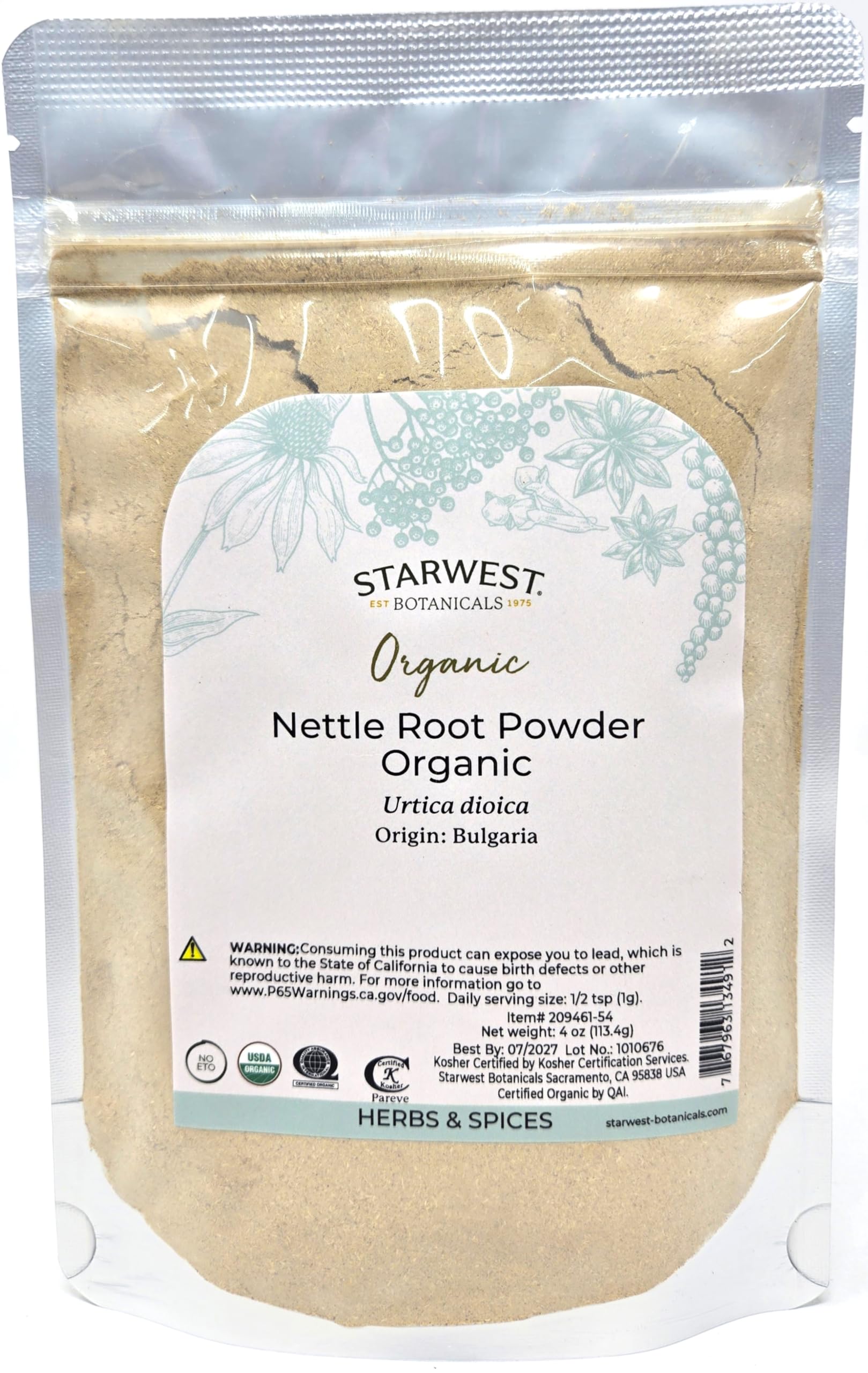 Starwest Botanicals Organic Nettle Root Powder 4 oz - front view