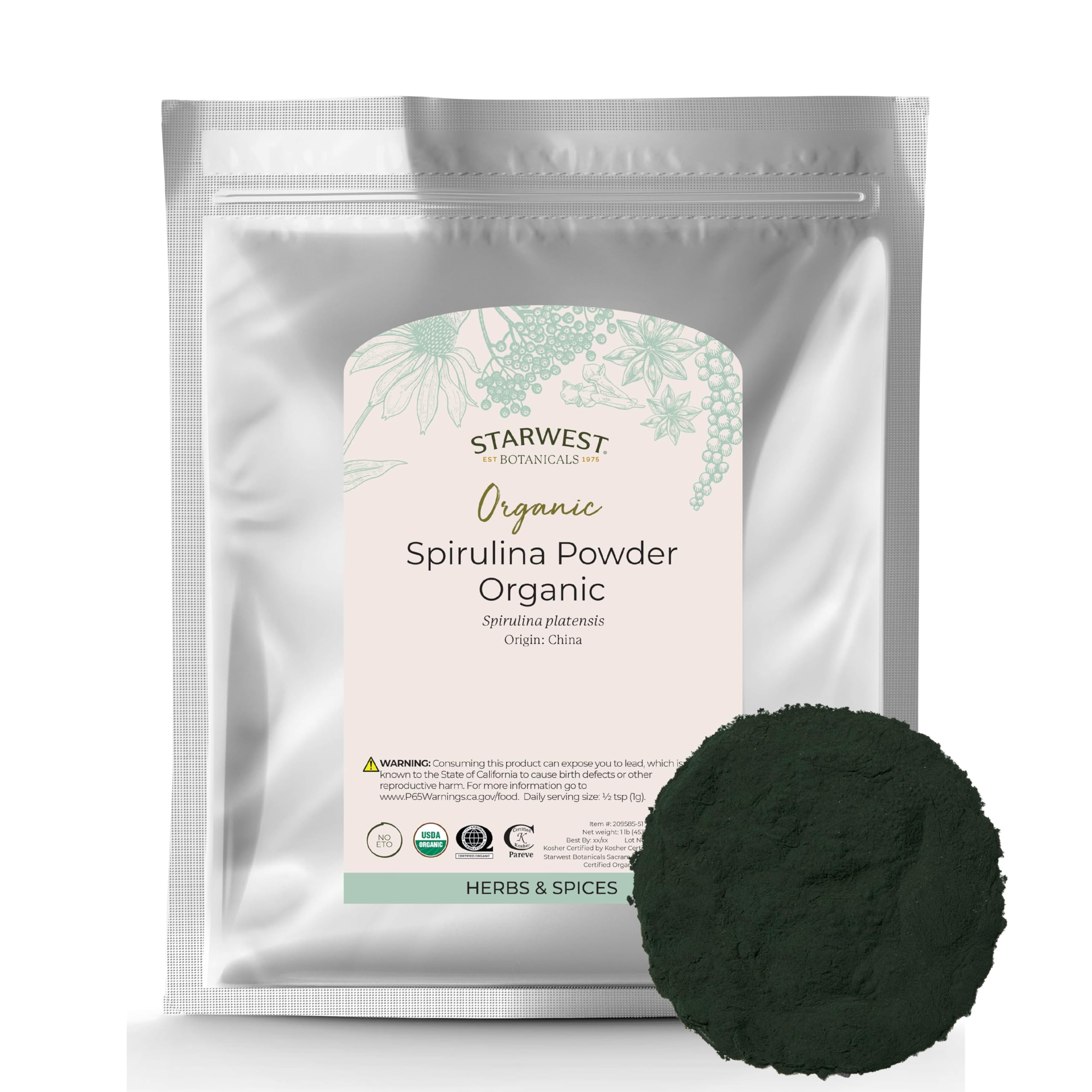 Organic spirulina powder in 1 lb bulk bag