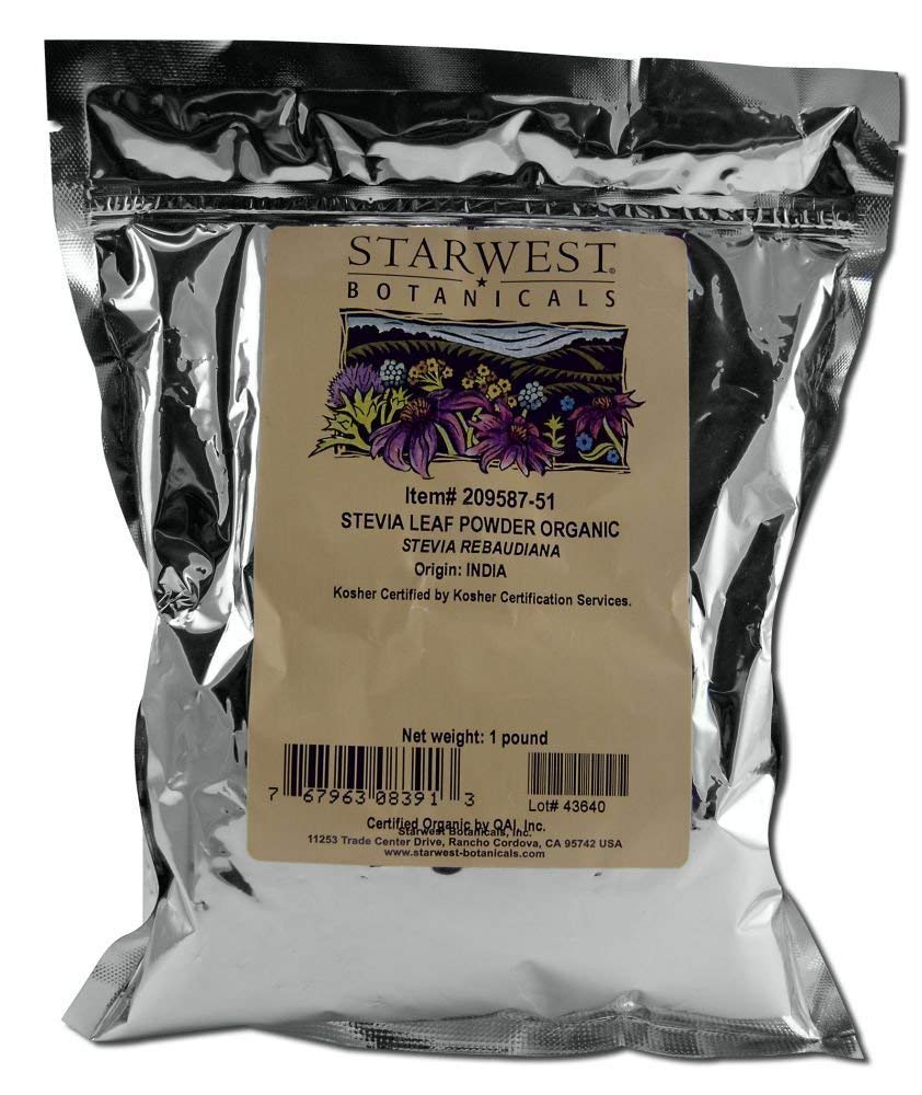 Starwest Botanicals Stevia Leaf Powder packaging, kosher-certified organic herbal sweetener