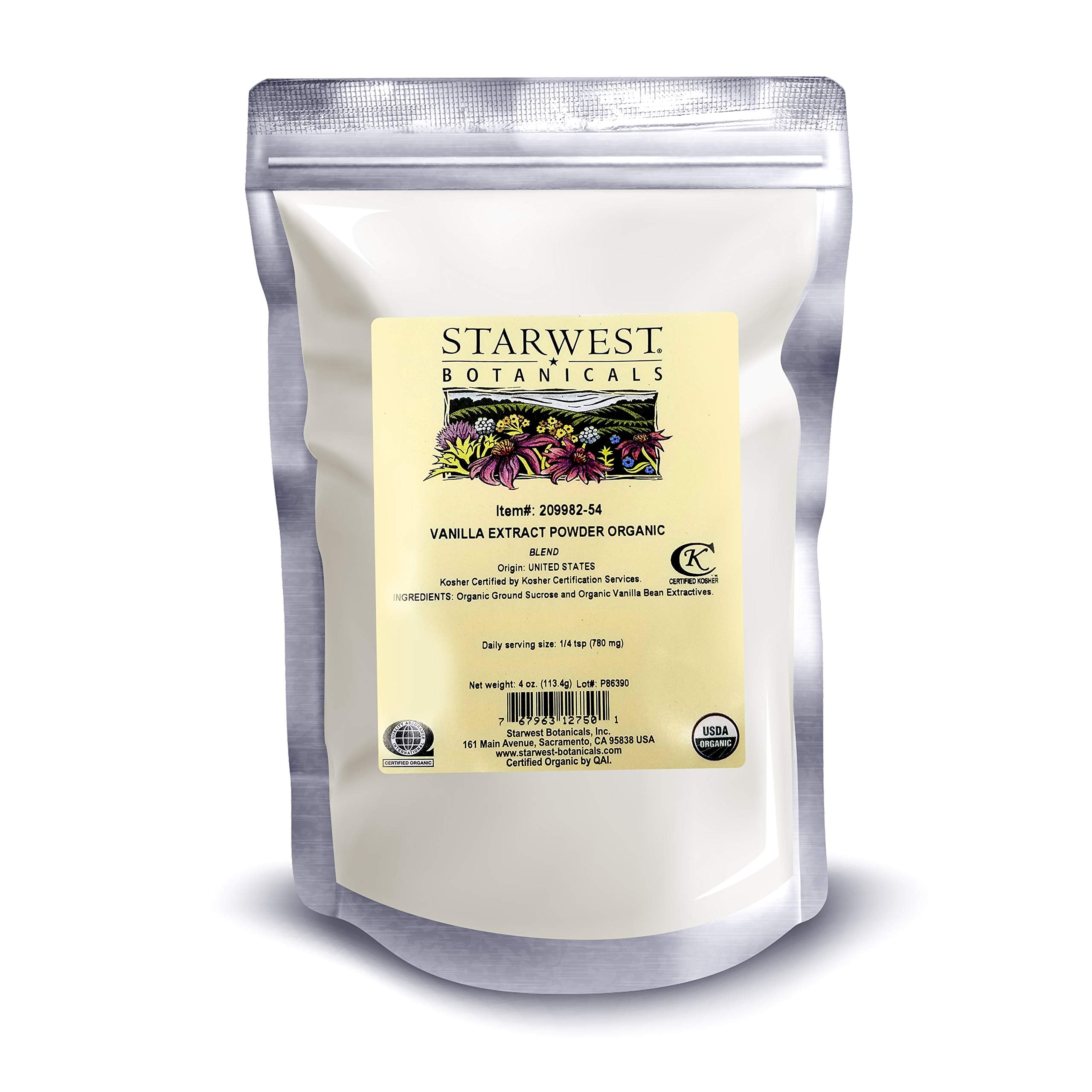 Starwest Botanicals Organic Vanilla Extract Powder - 4 oz in resealable mylar bag