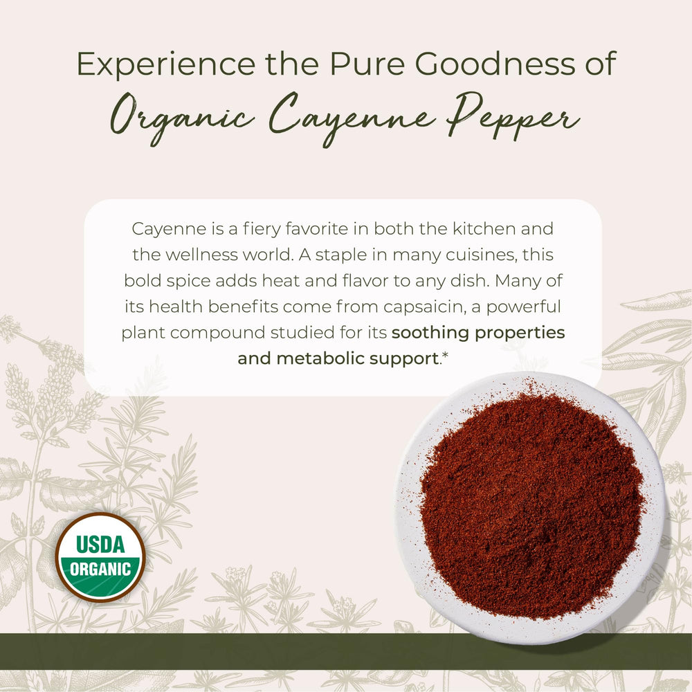 Kosher Certified and Non-GMO Organic Cayenne Pepper Powder label