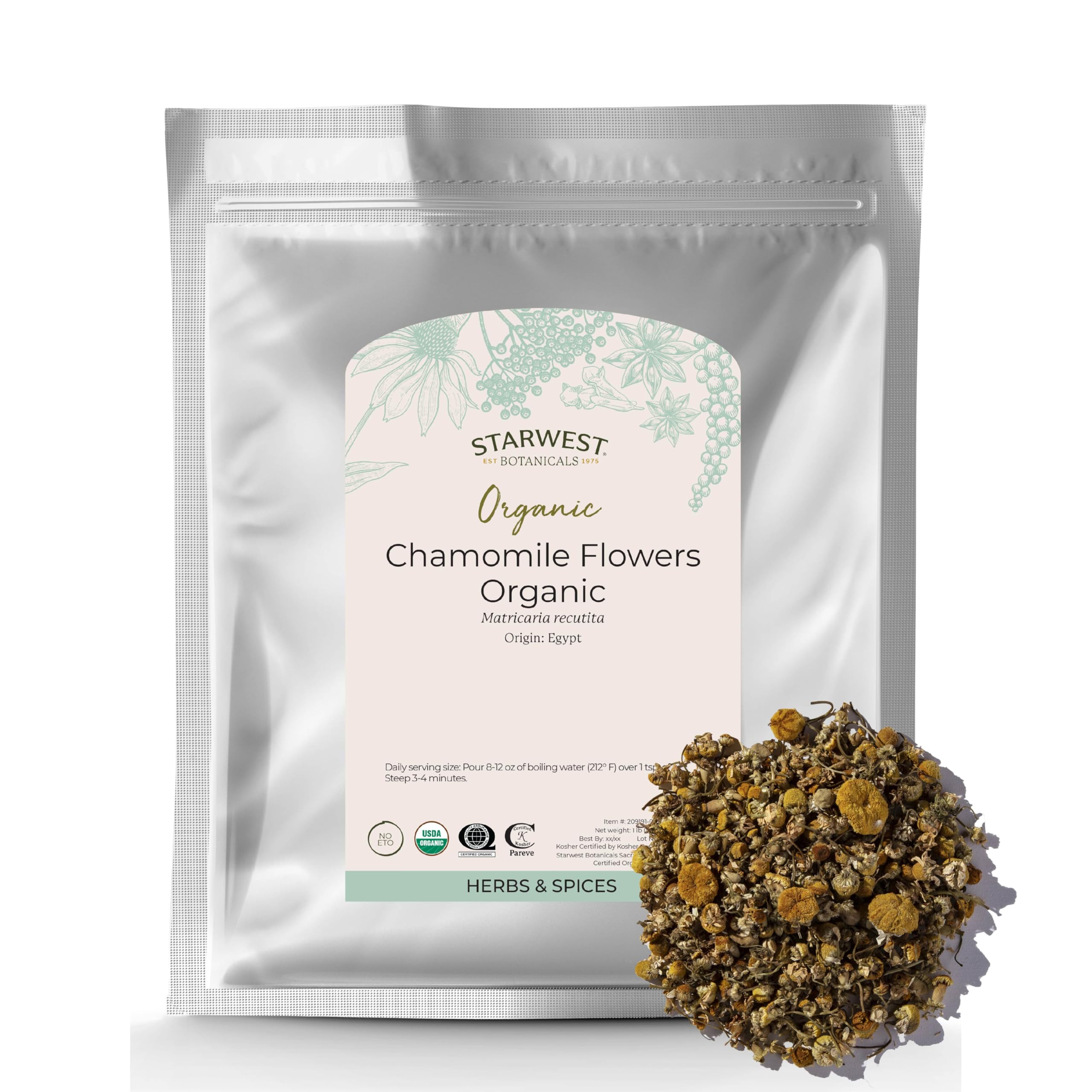 Whole chamomile flowers in a 1 lb bag from Starwest Botanicals.