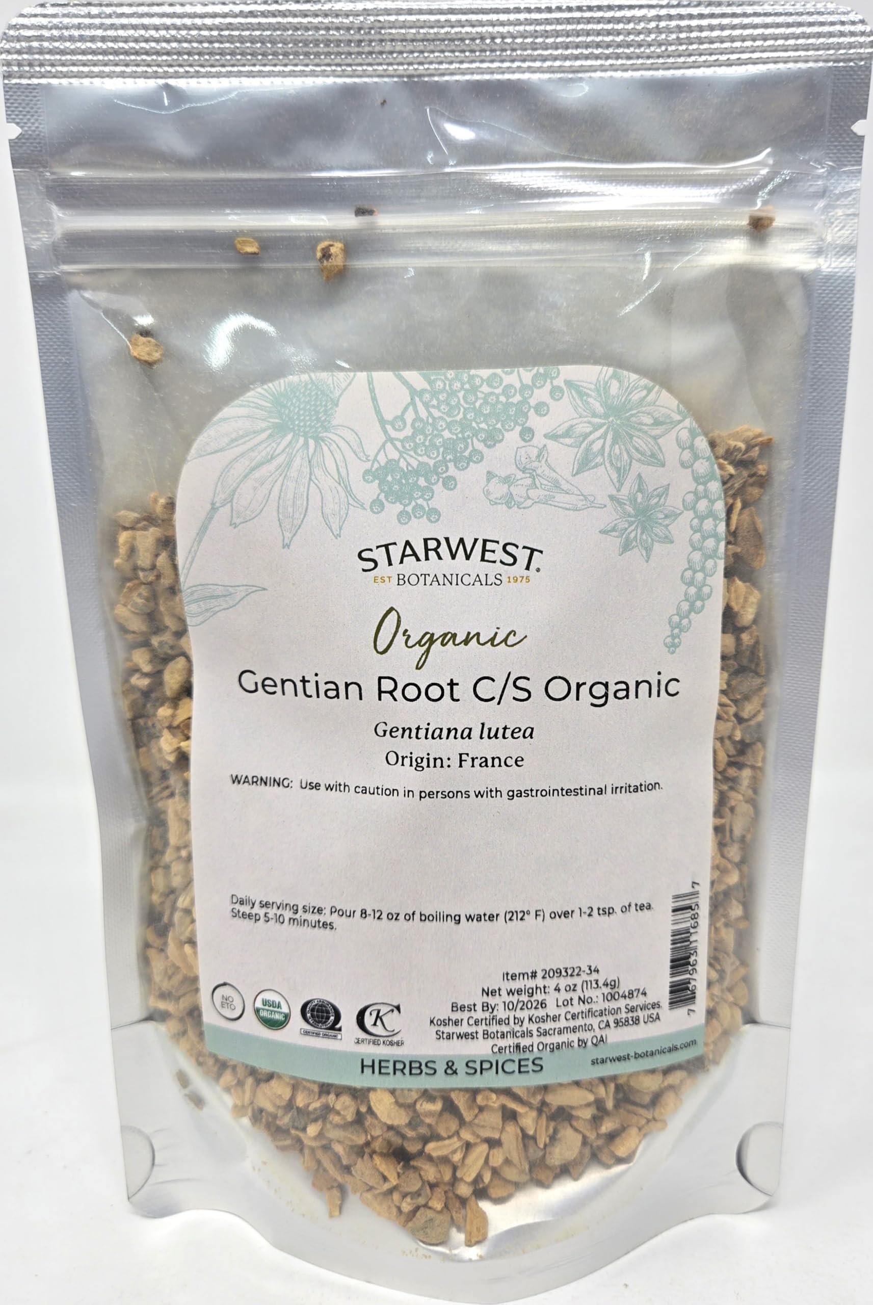 Starwest Botanicals Organic Gentian Root C/S 4 oz package in resealable mylar bag
