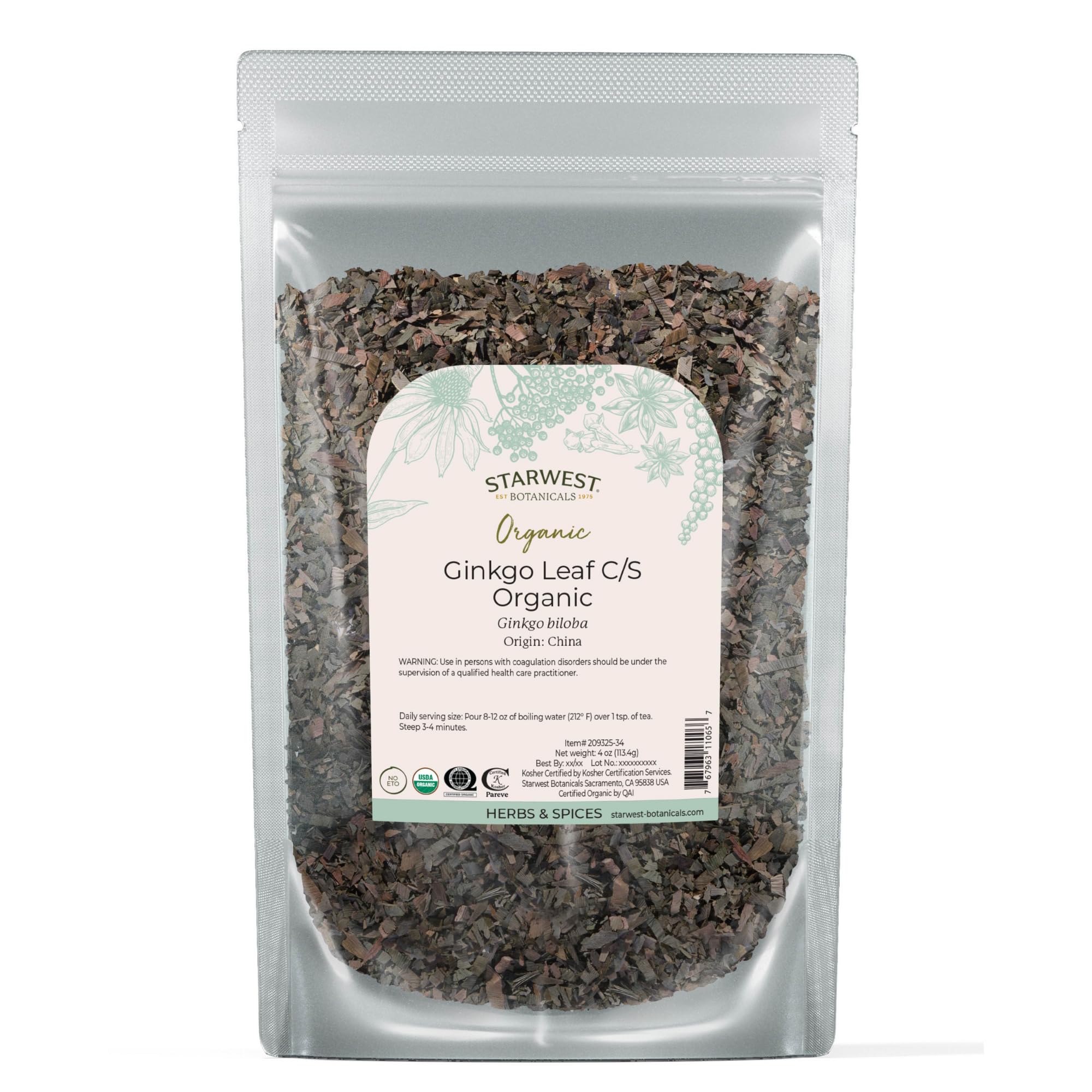 Cut and sifted ginkgo leaf, 4 oz bag