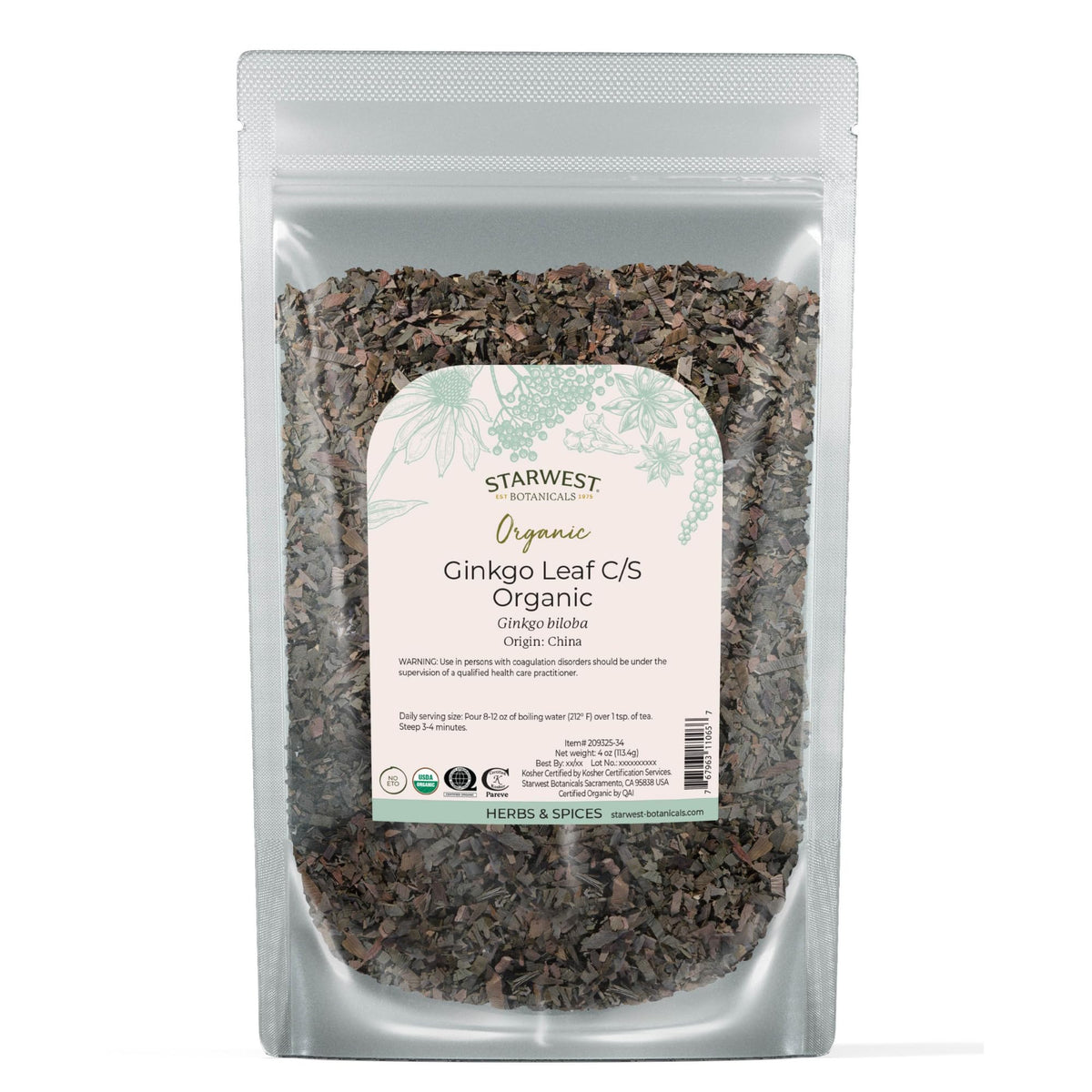 Cut and sifted ginkgo leaf, 4 oz bag