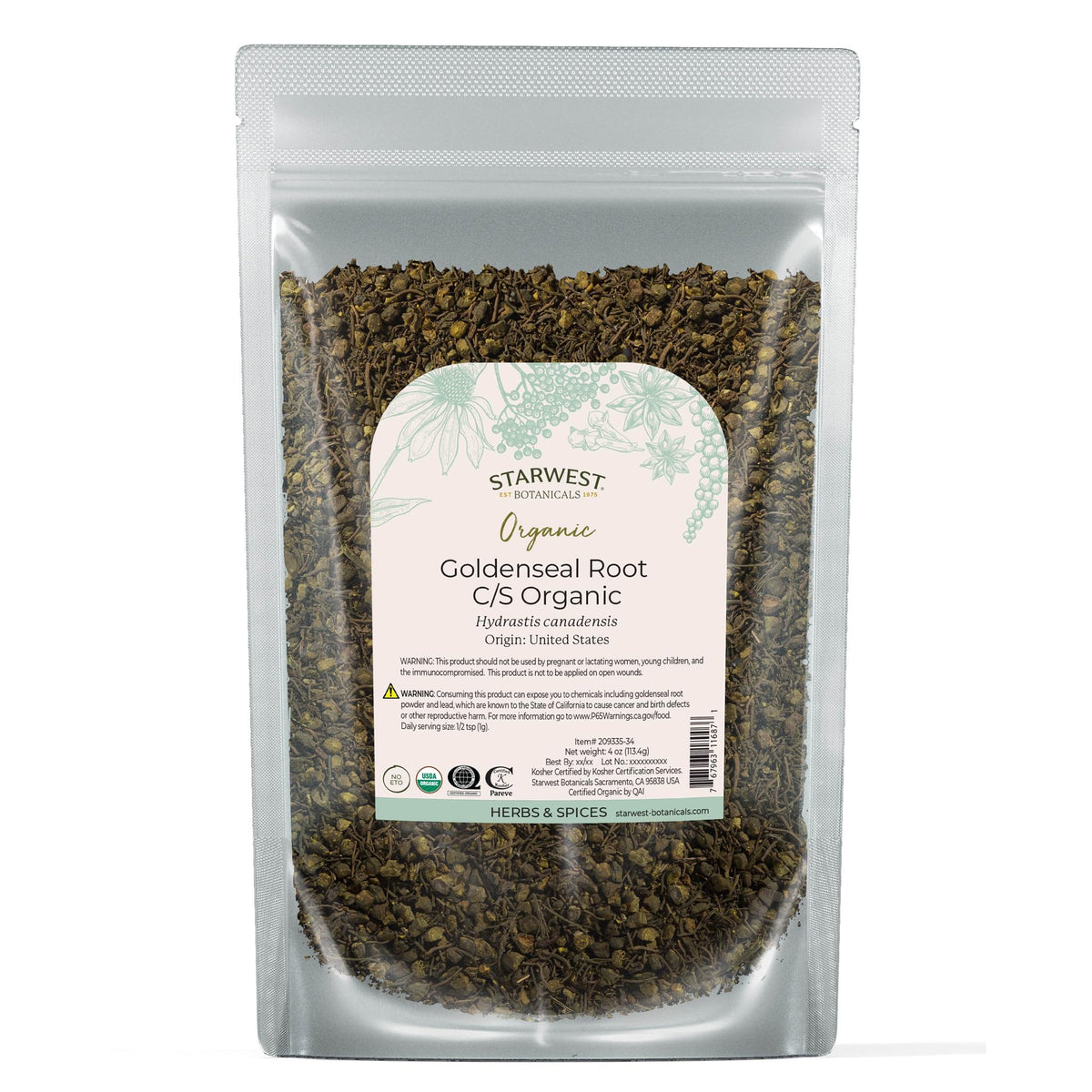 Starwest Botanicals Organic Goldenseal Root 4 oz Pouch