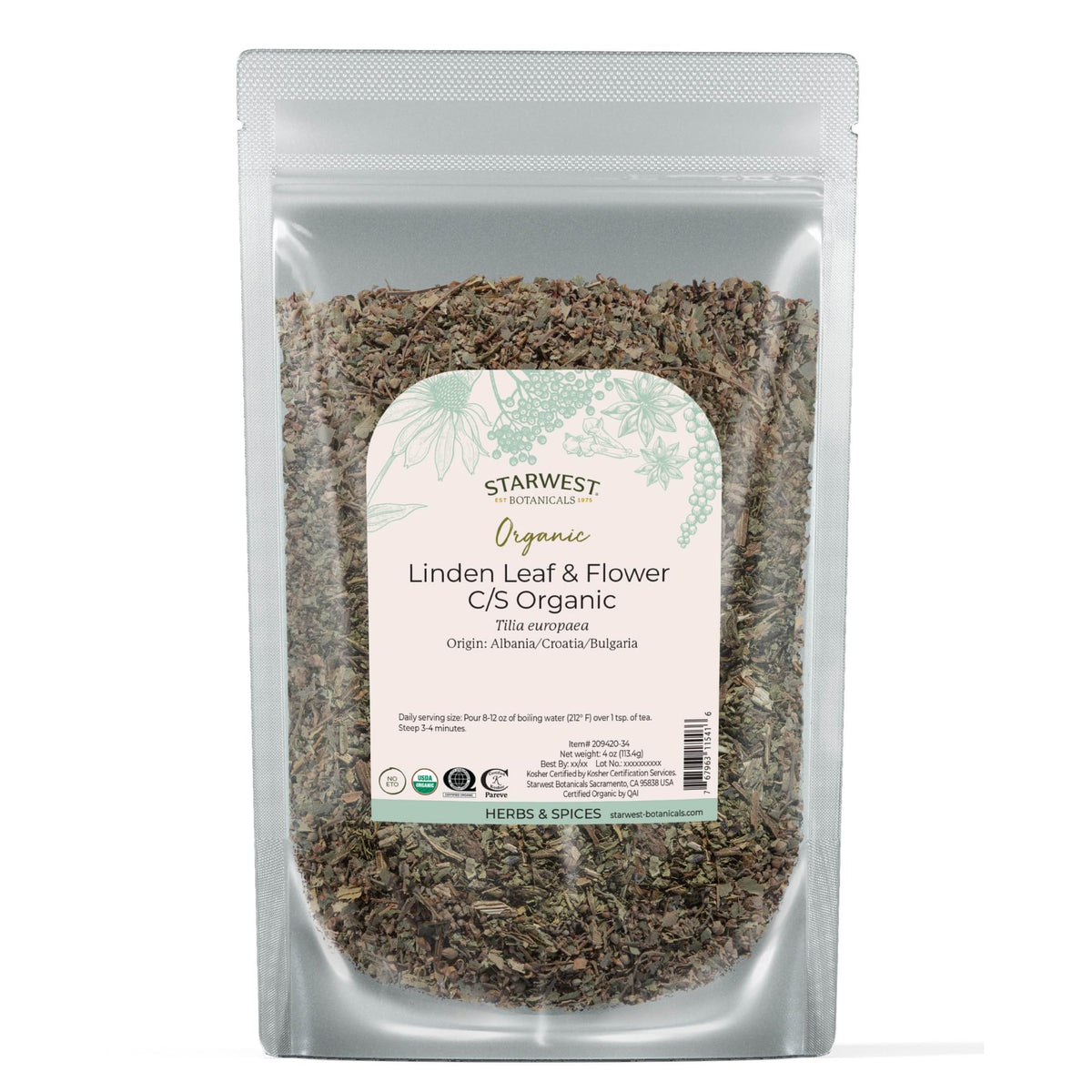 Front view of Starwest Linden Leaf & Flowers 4 oz pouch