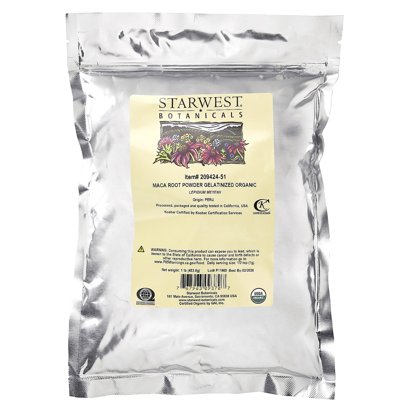 Resealable mylar bag packaging of Maca Root Powder Gelatinized 1 lb