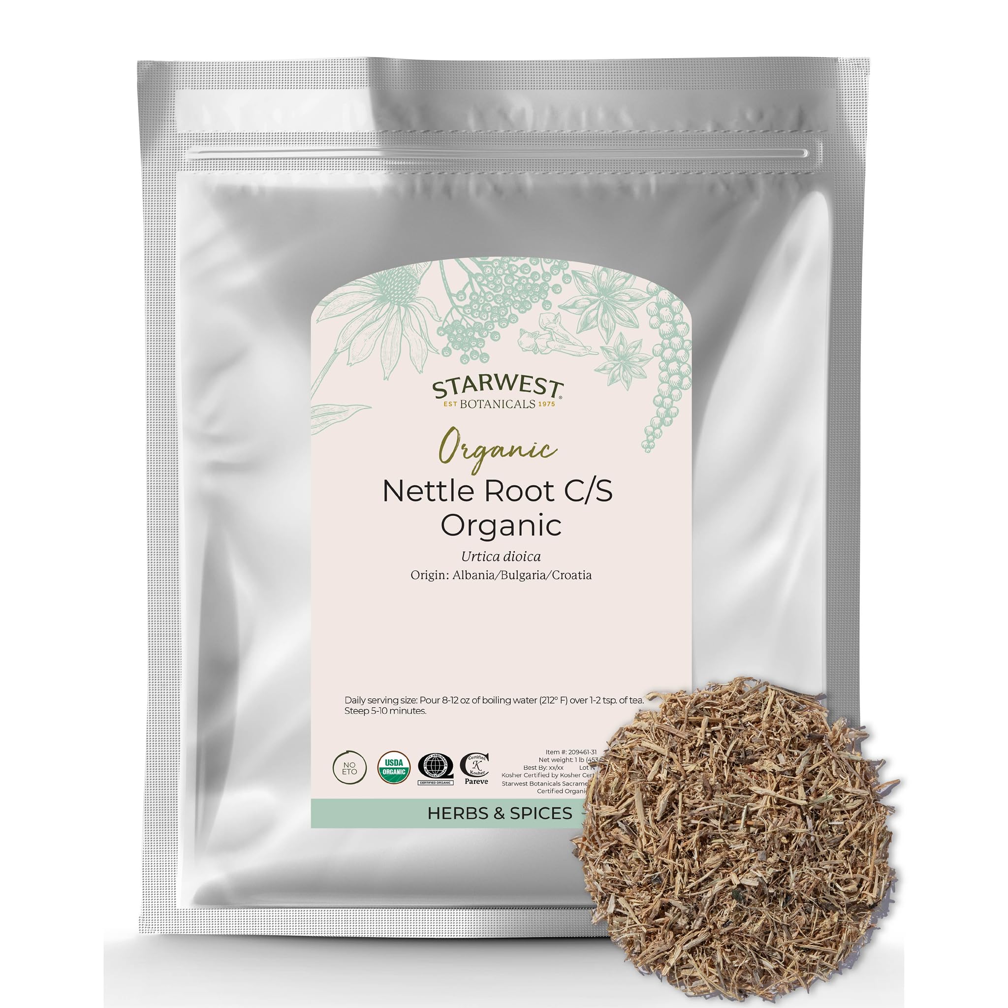 Starwest Botanicals Nettle Root Organic 1 lb bag label