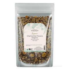 Front view of Starwest Organic Chamomile Flowers Whole 4oz pouch