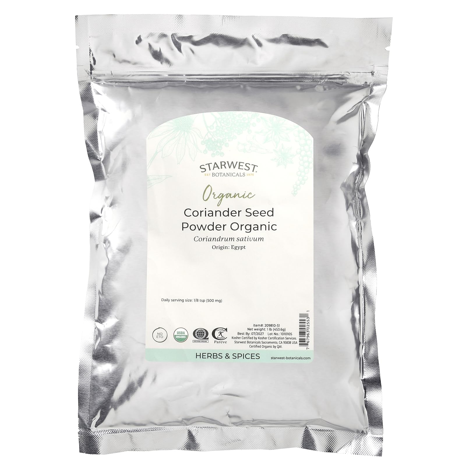 Packaging: resealable mylar bag for coriander seed powder 1 lb