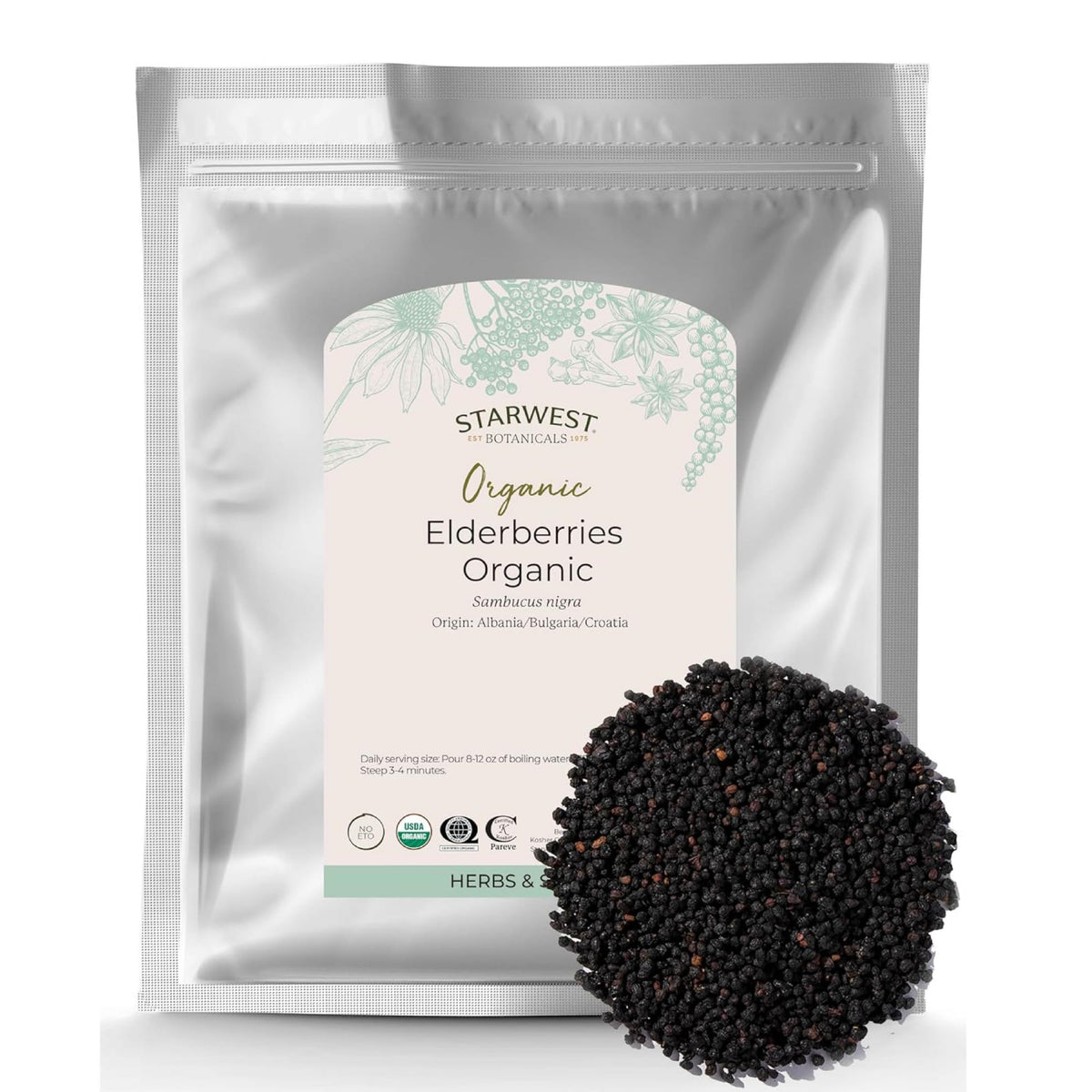 Front view of 1 lb bag of Starwest Botanicals Organic Elderberries, dried
