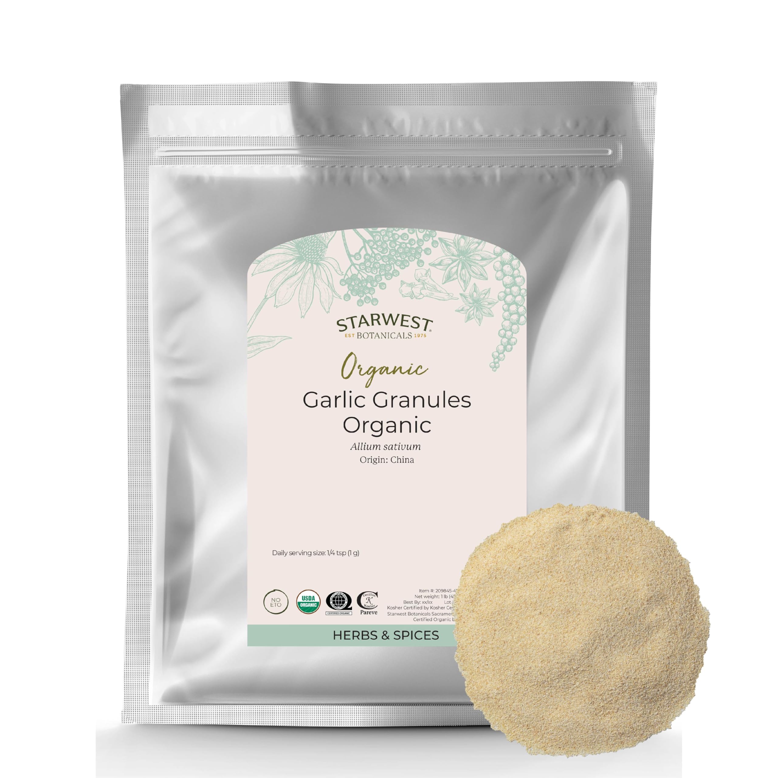 Front view of Starwest Botanicals Organic Garlic Granules 1 lb bag