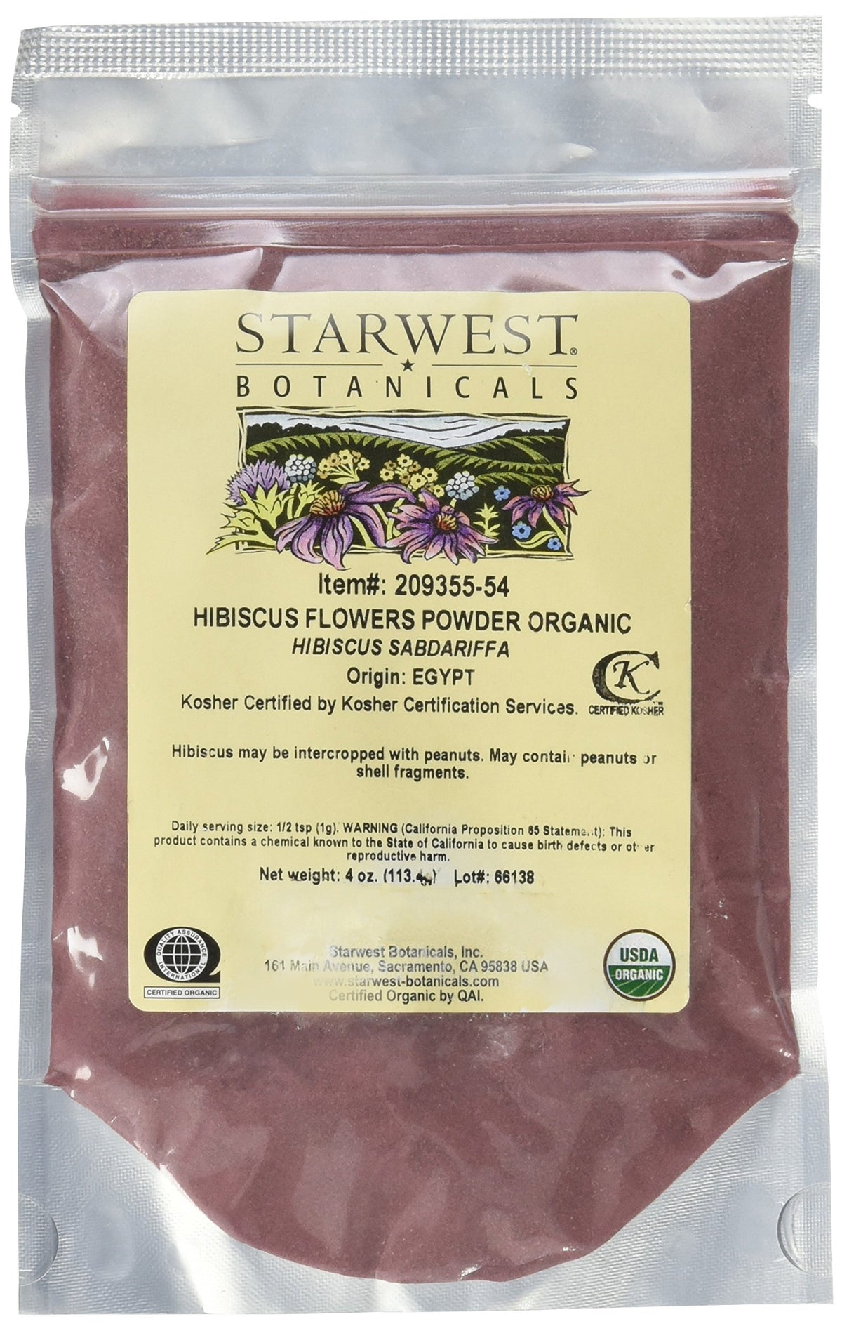 Organic Hibiscus Flower Powder, 4 oz by Starwest Botanicals in a resealable mylar bag
