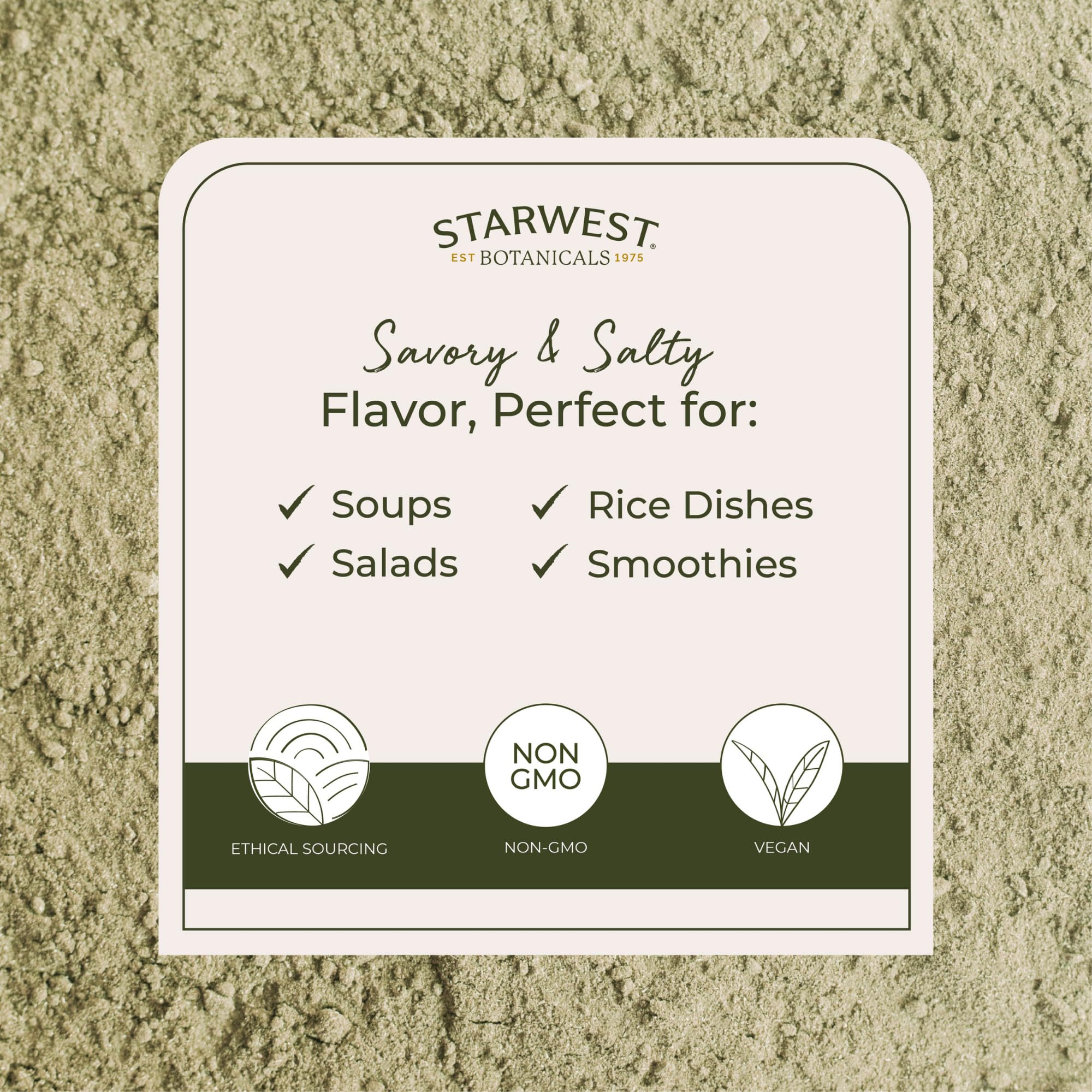 Back label with certifications for Starwest Organic Kelp Powder