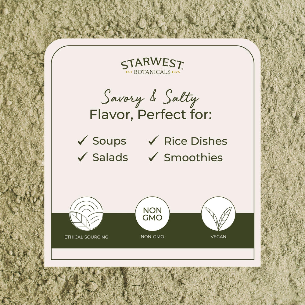 Back label with certifications for Starwest Organic Kelp Powder
