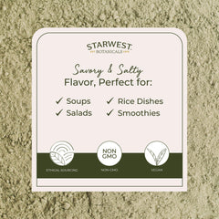 Back label with certifications for Starwest Organic Kelp Powder