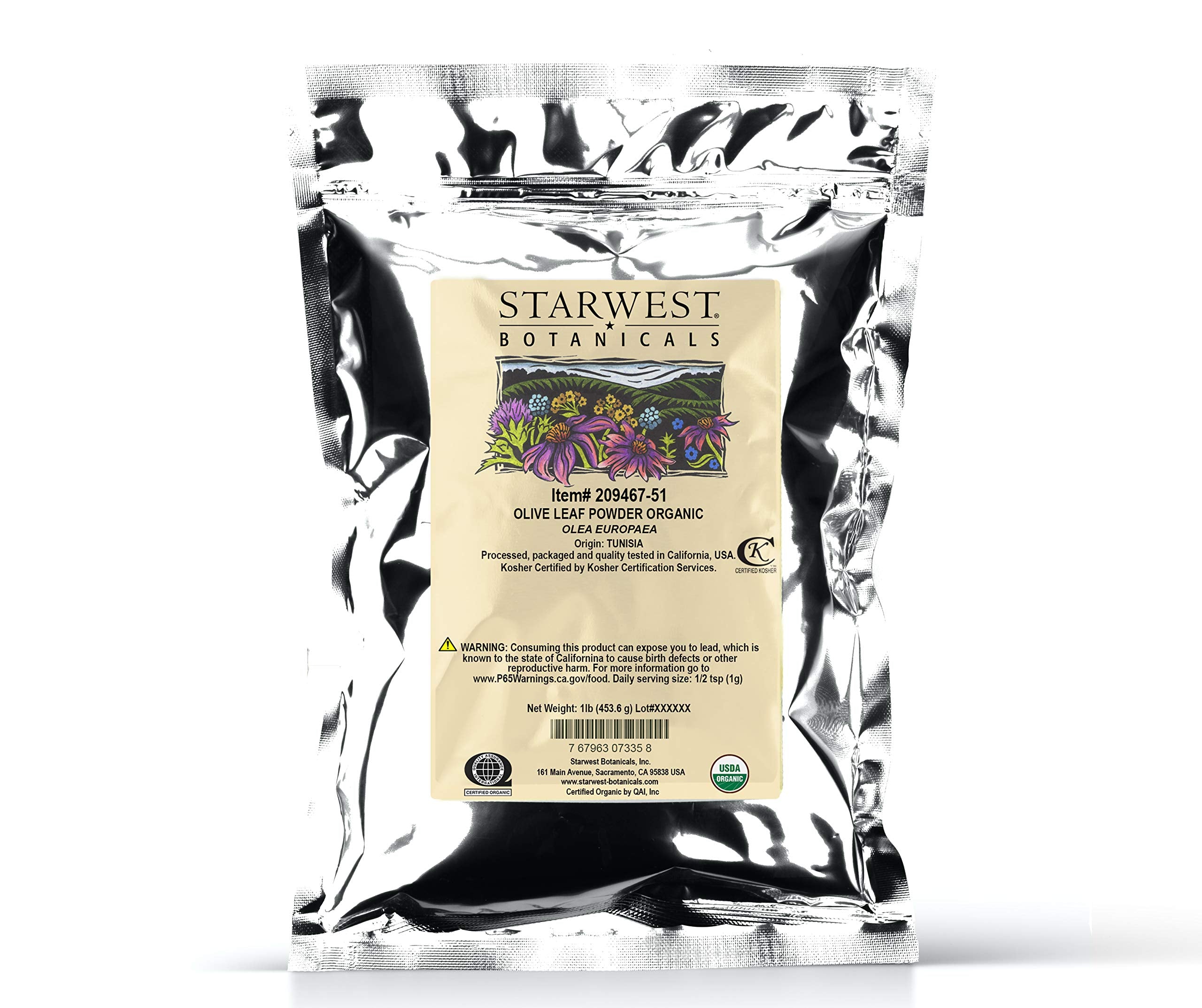Starwest Organic Olive Leaf Powder in a resealable 1 lb bag
