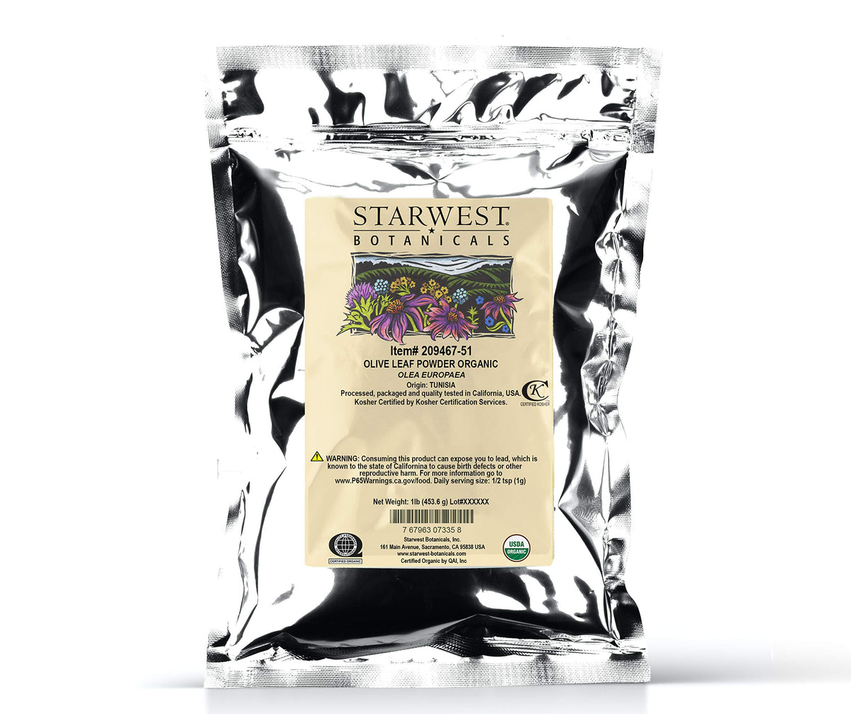 Starwest Organic Olive Leaf Powder in a resealable 1 lb bag
