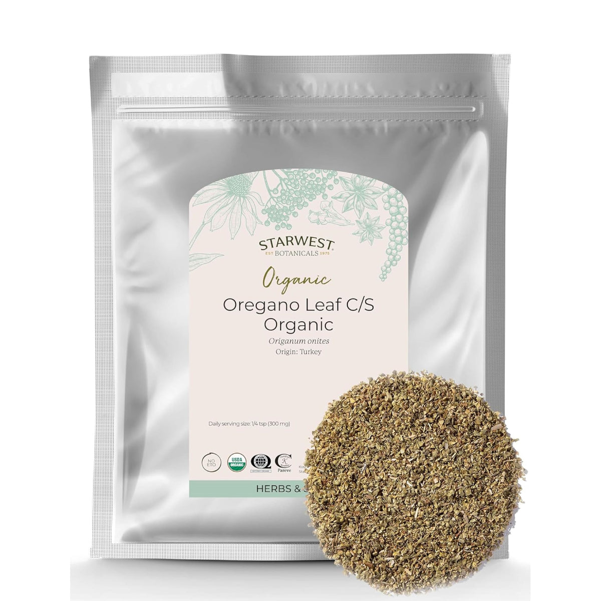 Organic oregano dried leaf in a 1 lb bulk bag from Starwest Botanicals