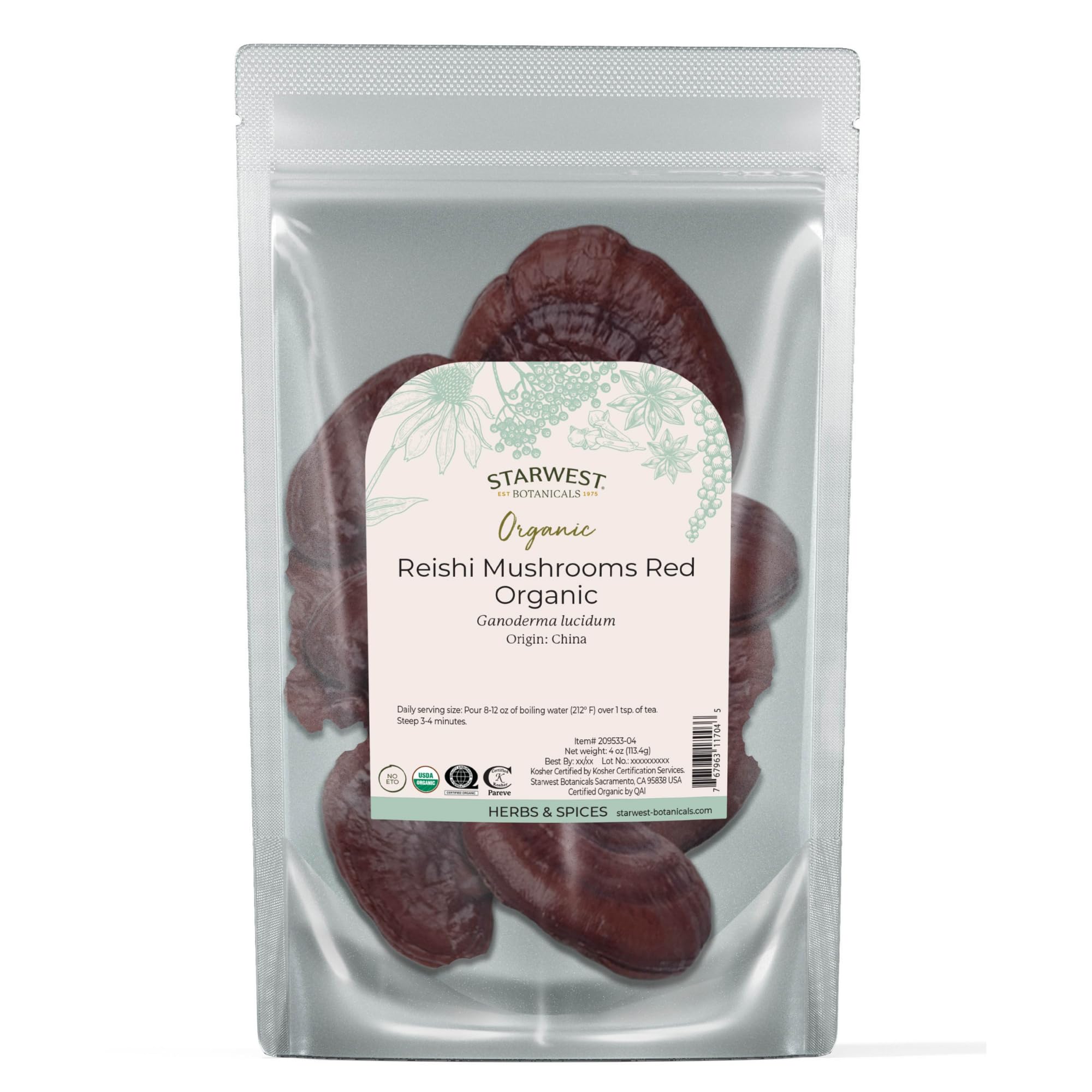 Organic red reishi mushrooms, dried, Ganoderma lucidum, 4 oz pouch