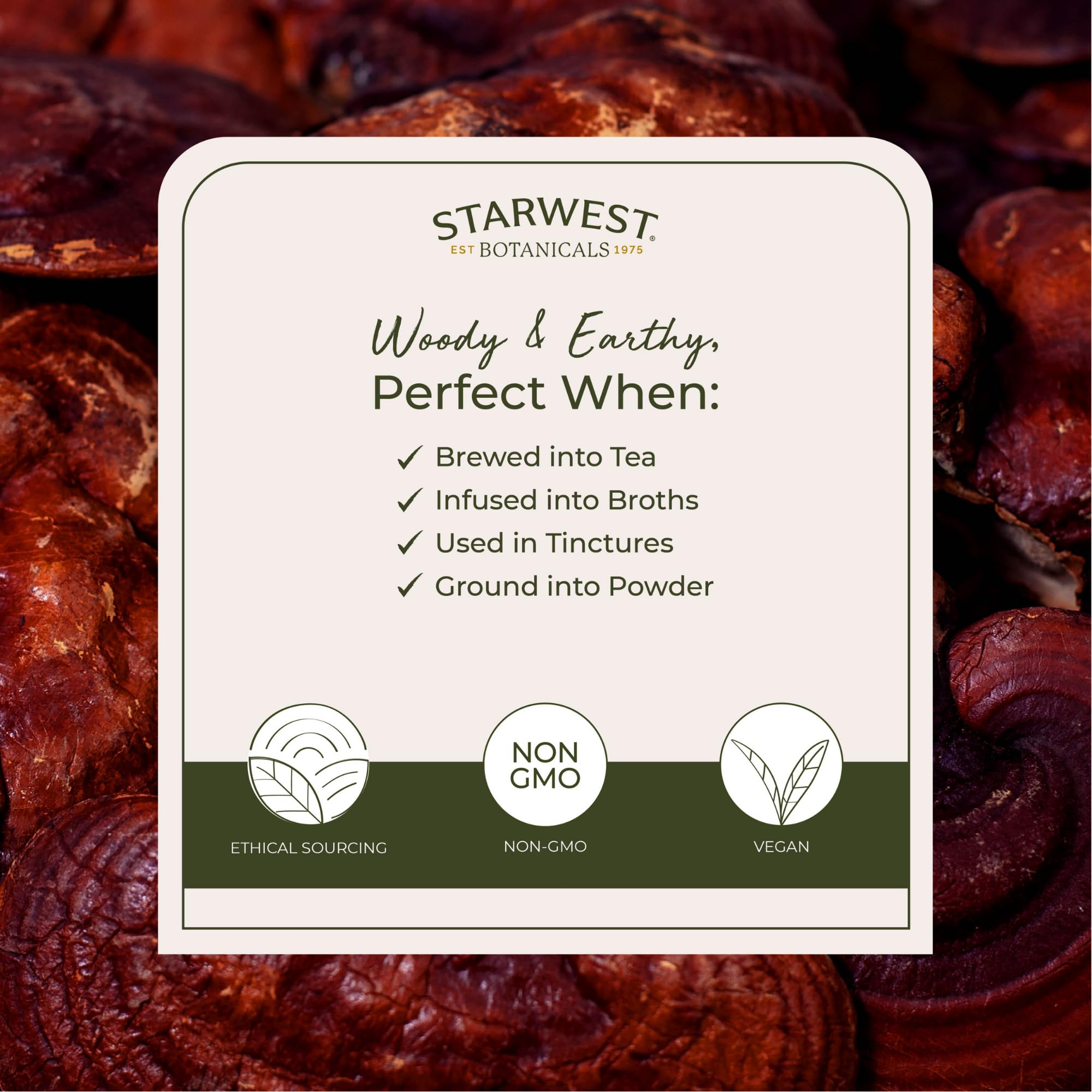 Dried red reishi mushrooms in a pouch, labeled Organic