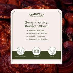 Dried red reishi mushrooms in a pouch, labeled Organic